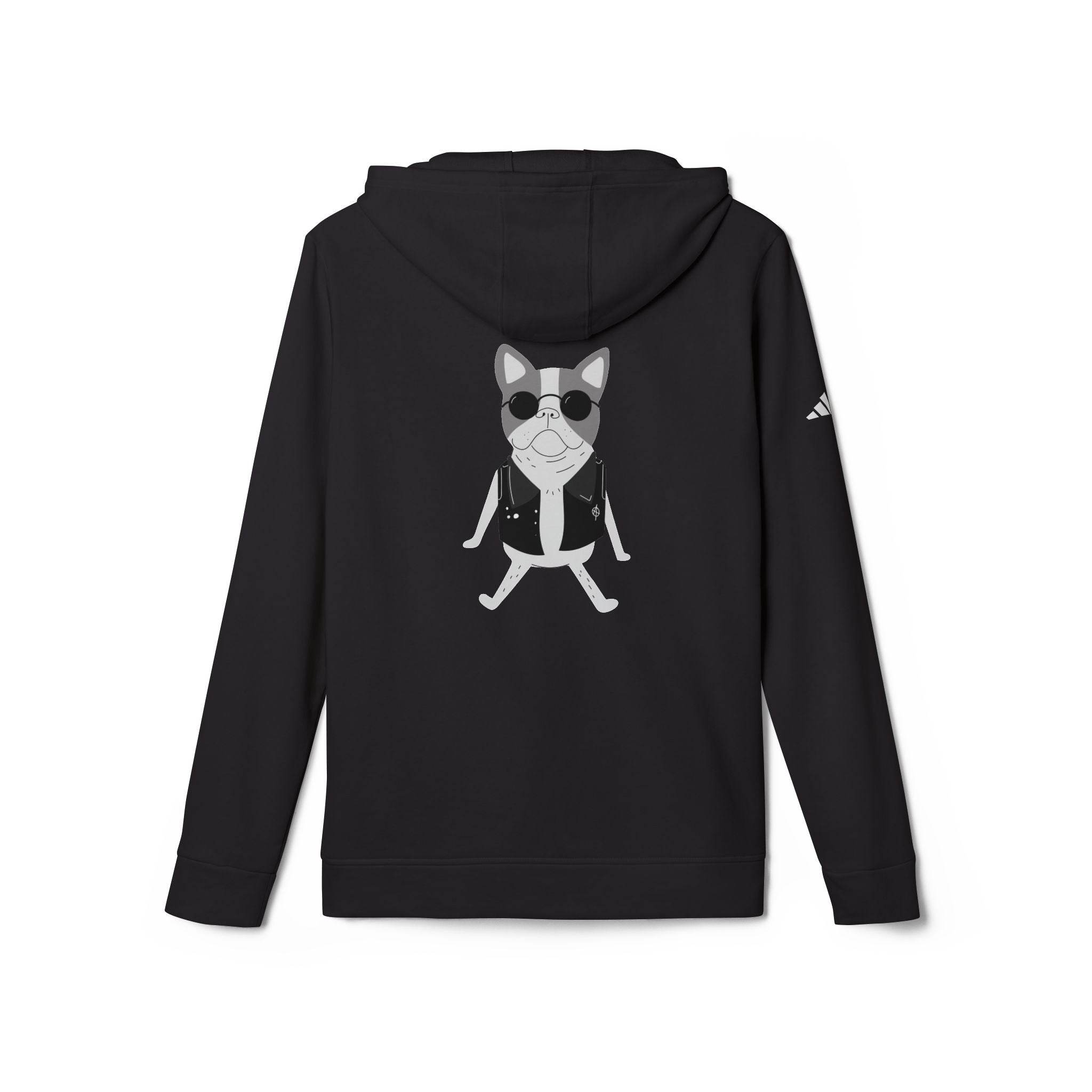 Black Printify eco-friendly unisex hoodie with cartoon dog wearing sunglasses and leather jacket on back