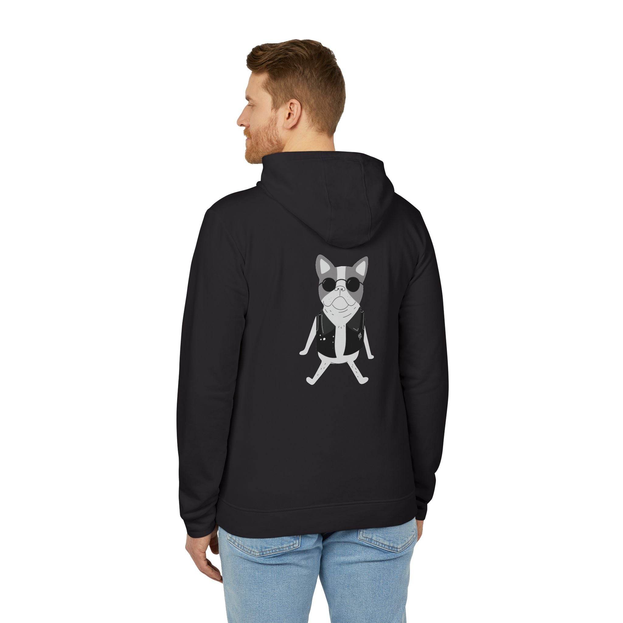 Black eco-friendly unisex hoodie by Printify with cool dog graphic on back worn by man