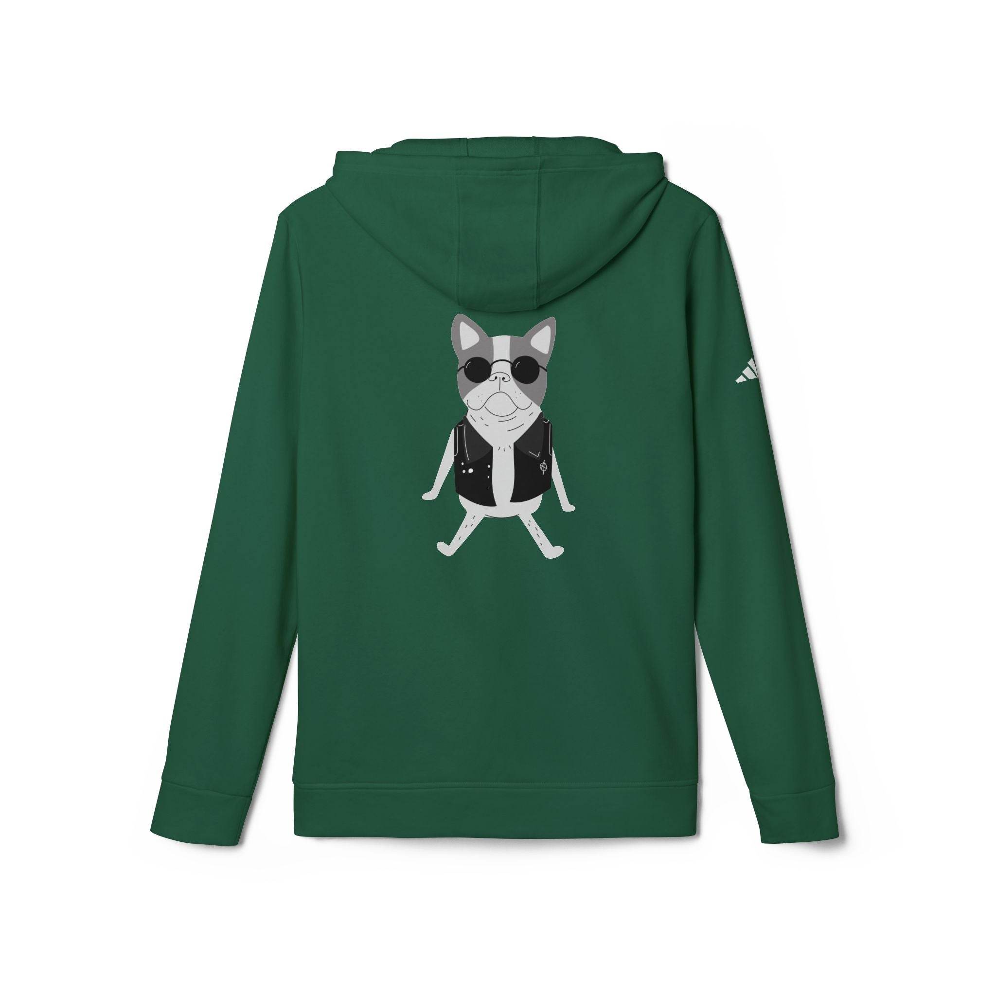 Green Printify eco-friendly unisex hoodie with a graphic of a dog wearing sunglasses and a vest on the back