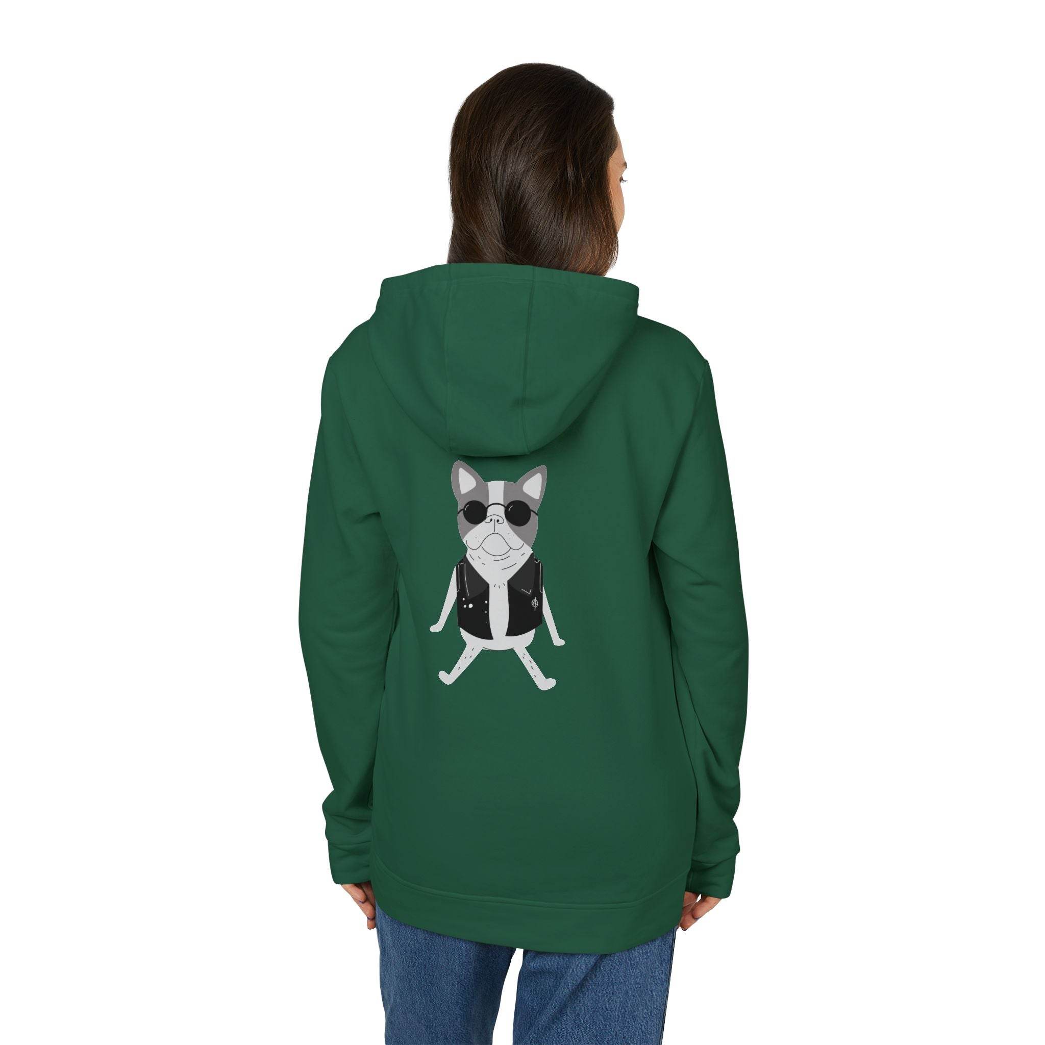Green eco-friendly unisex hoodie by Printify with a cool dog graphic wearing sunglasses on the back