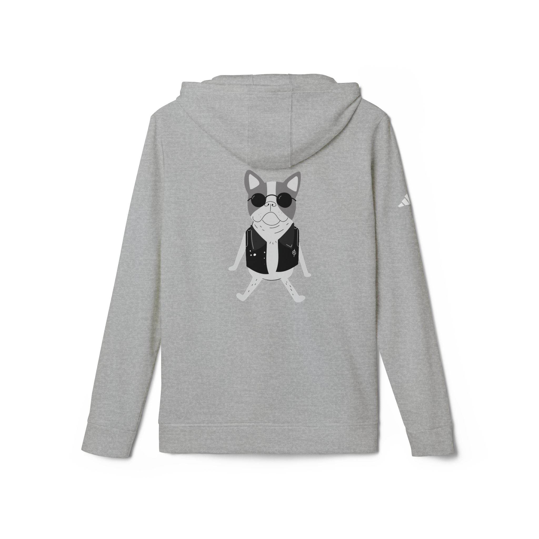 Gray Printify eco-friendly unisex hoodie with a cool dog graphic wearing sunglasses and a leather vest on the back