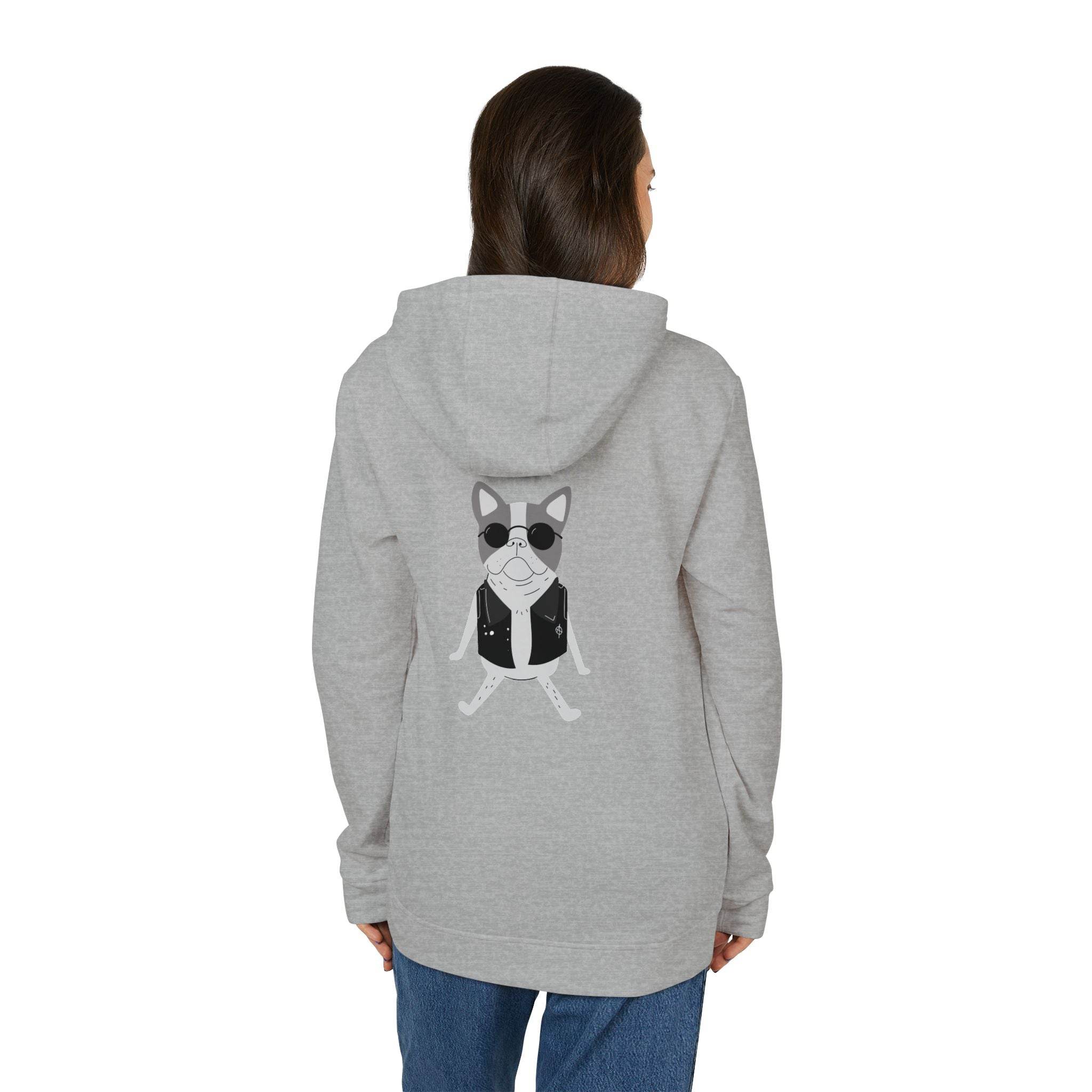 Printify grey eco-friendly unisex hoodie with cool dog graphic on back worn by woman