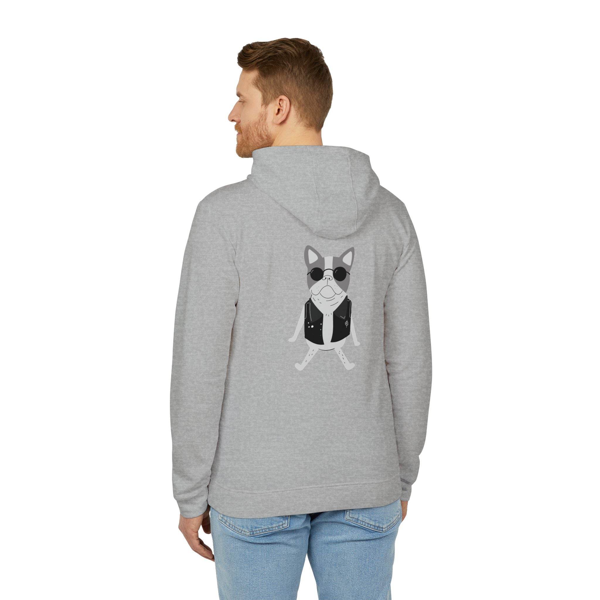 Printify gray eco-friendly unisex hoodie with cool dog graphic on the back worn by male model