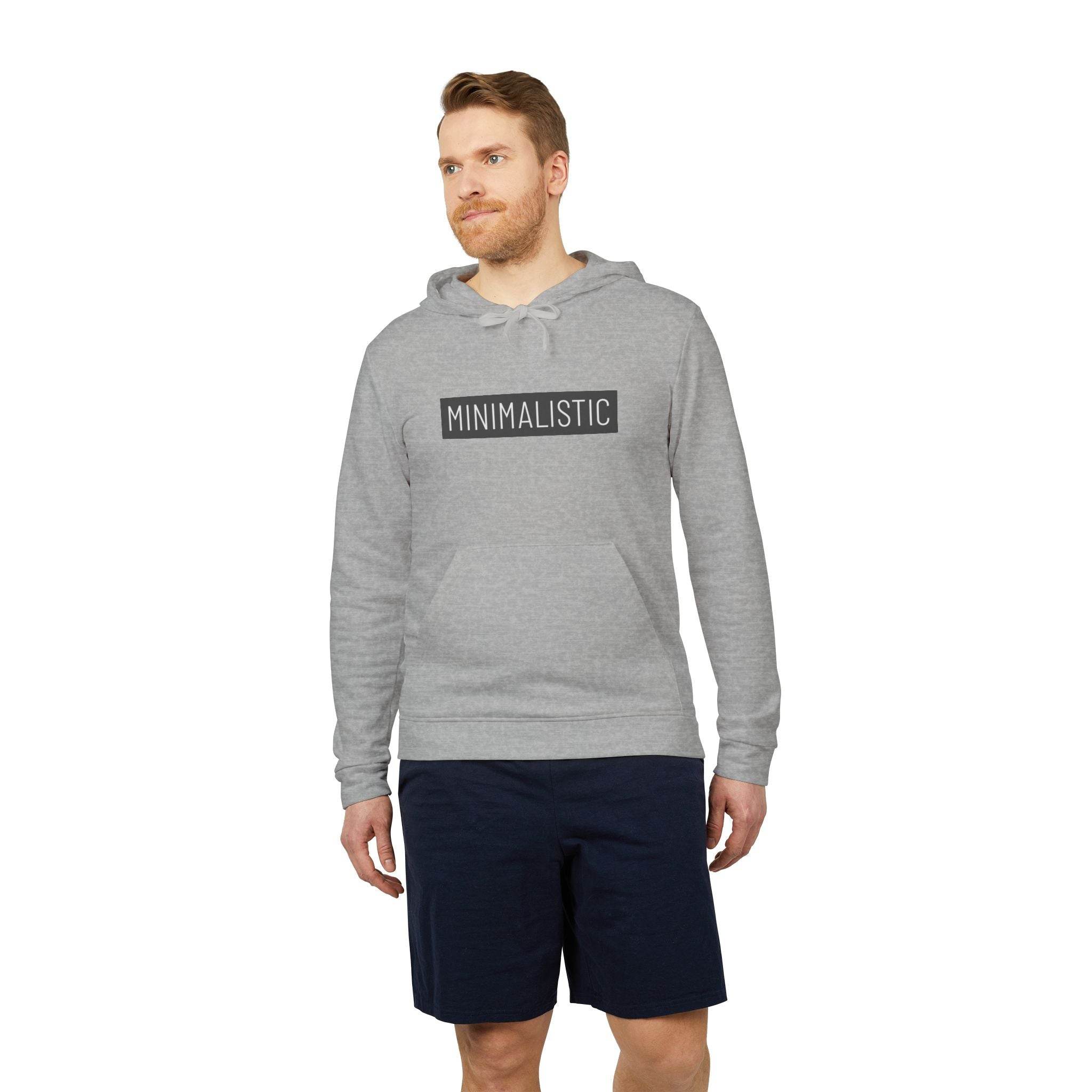 Printify grey eco-friendly unisex hoodie with minimalistic design worn by man in navy shorts