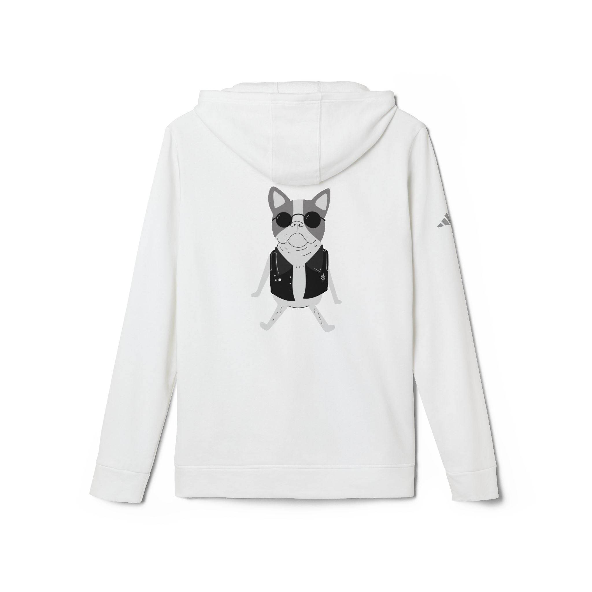 Printify white eco-friendly unisex hoodie with cartoon dog wearing sunglasses and leather vest