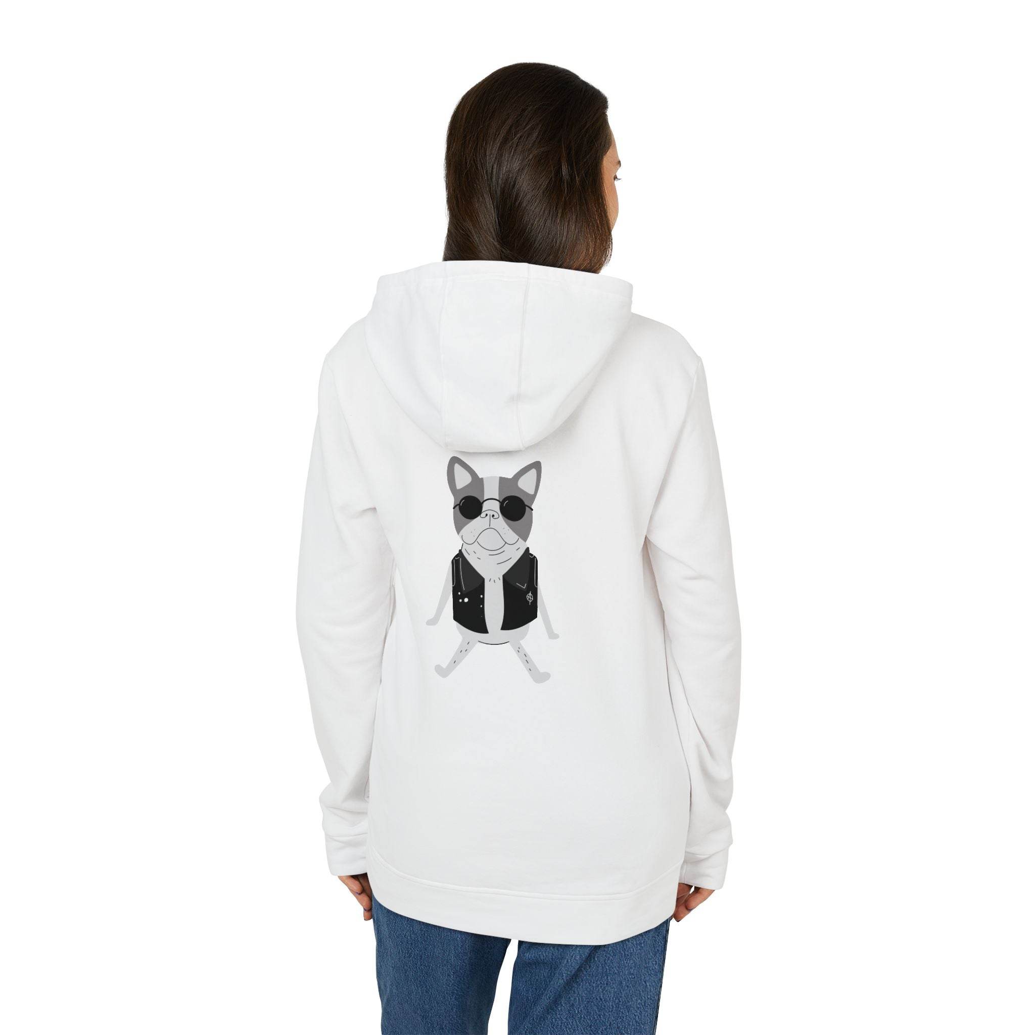 Printify white eco-friendly unisex hoodie with a cool dog graphic on the back worn by a woman