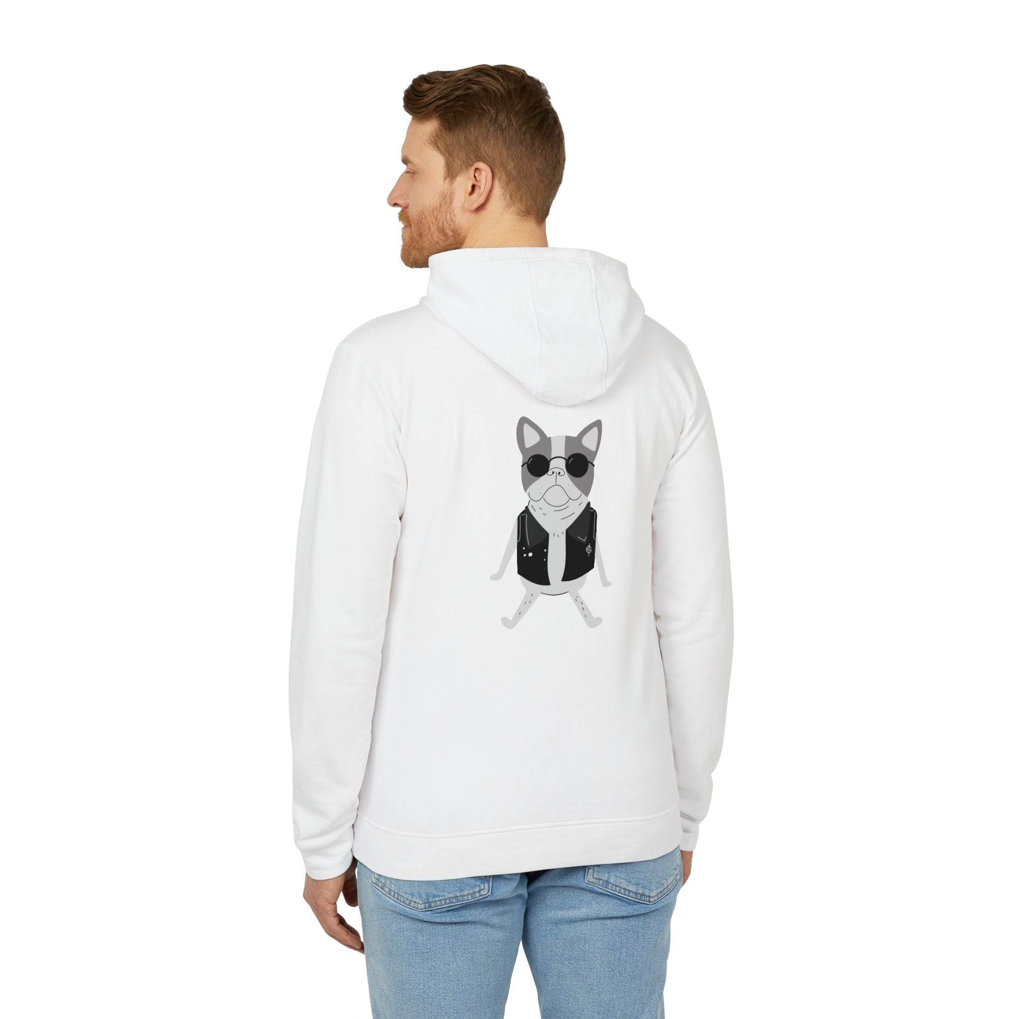 Eco-friendly unisex hoodie from Printify in white with a cool dog graphic wearing sunglasses and a vest