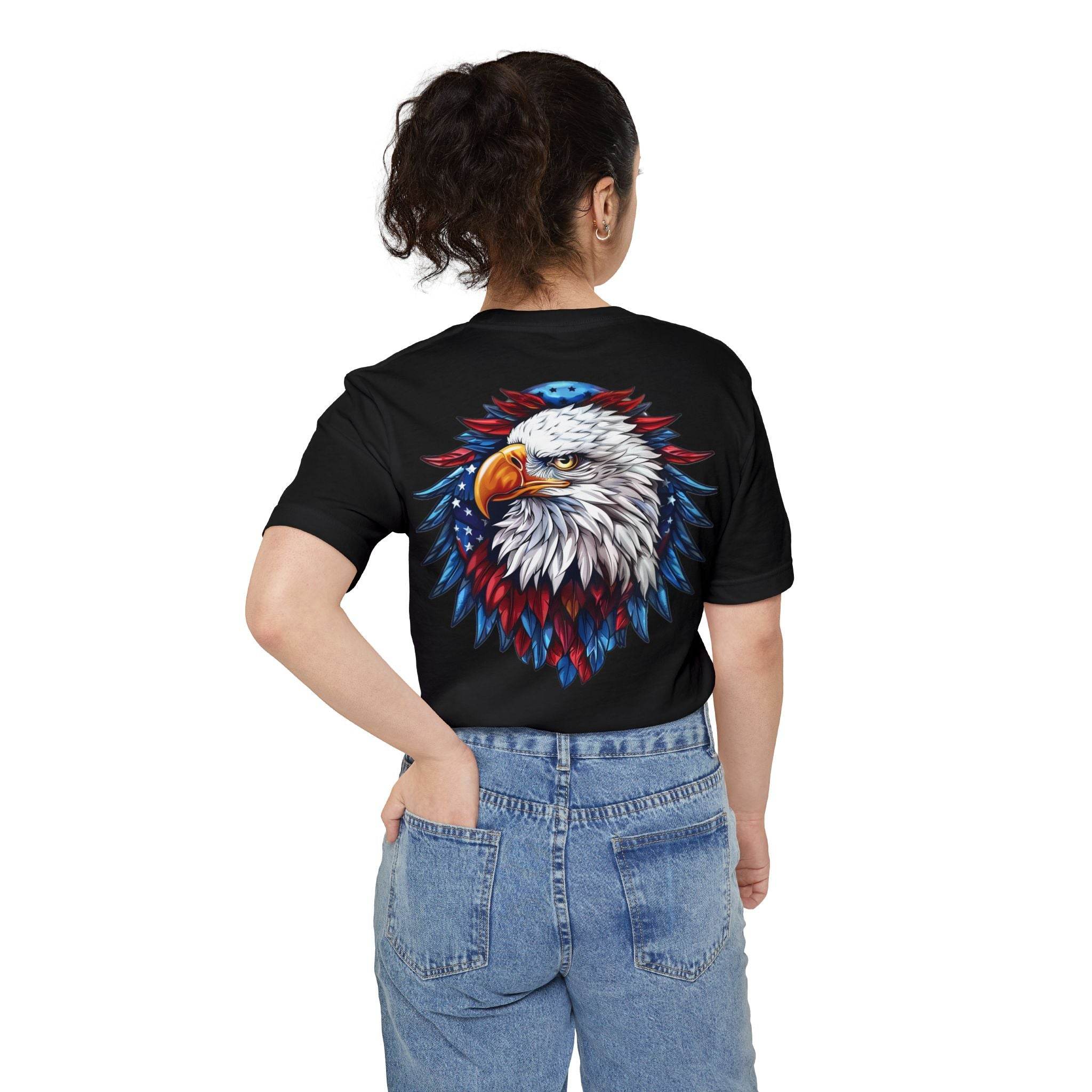 Printify sustainable pocket t-shirt featuring a bold bald eagle design on the back in red white and blue colors