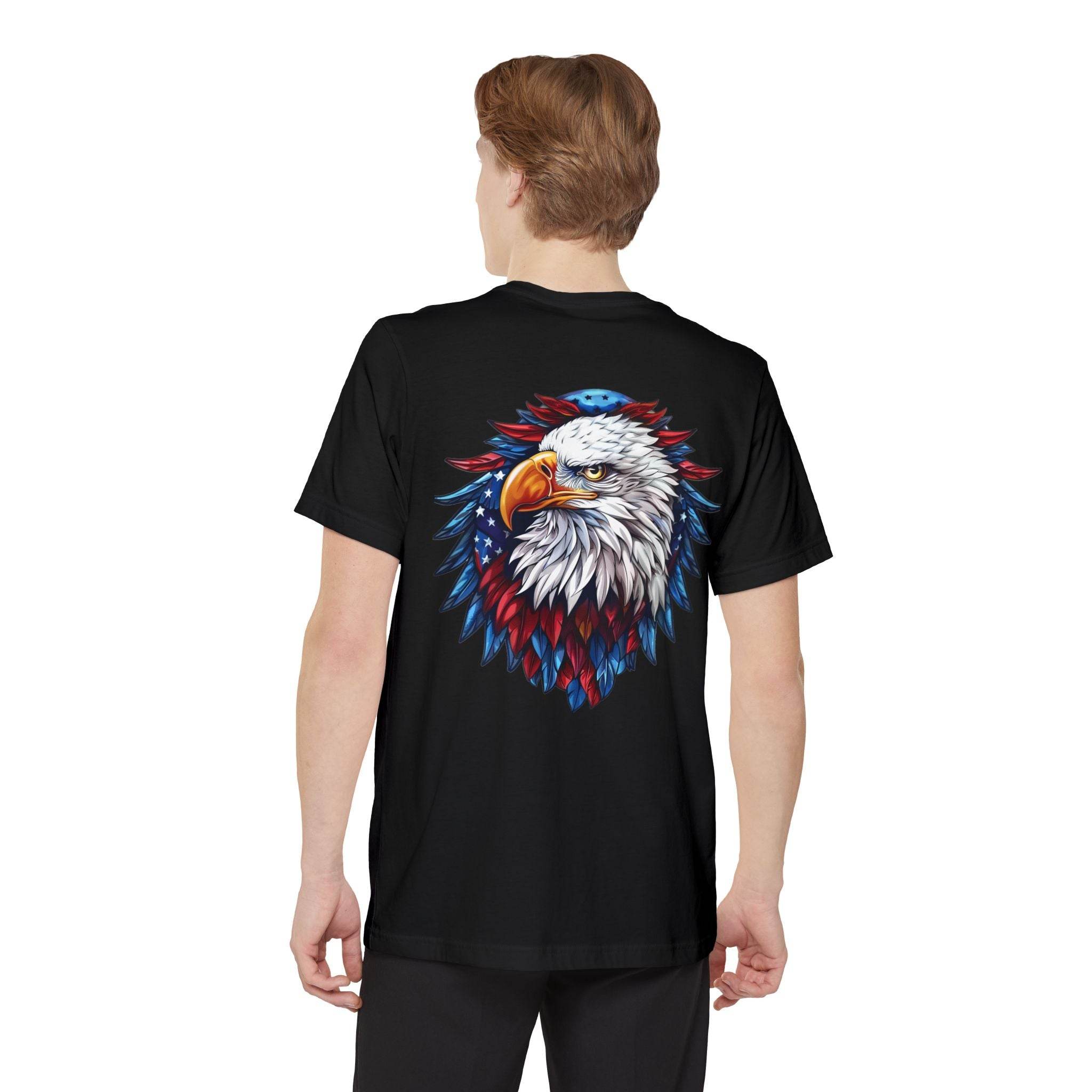 Black Printify sustainable pocket t-shirt with colorful eagle graphic on back worn by male model