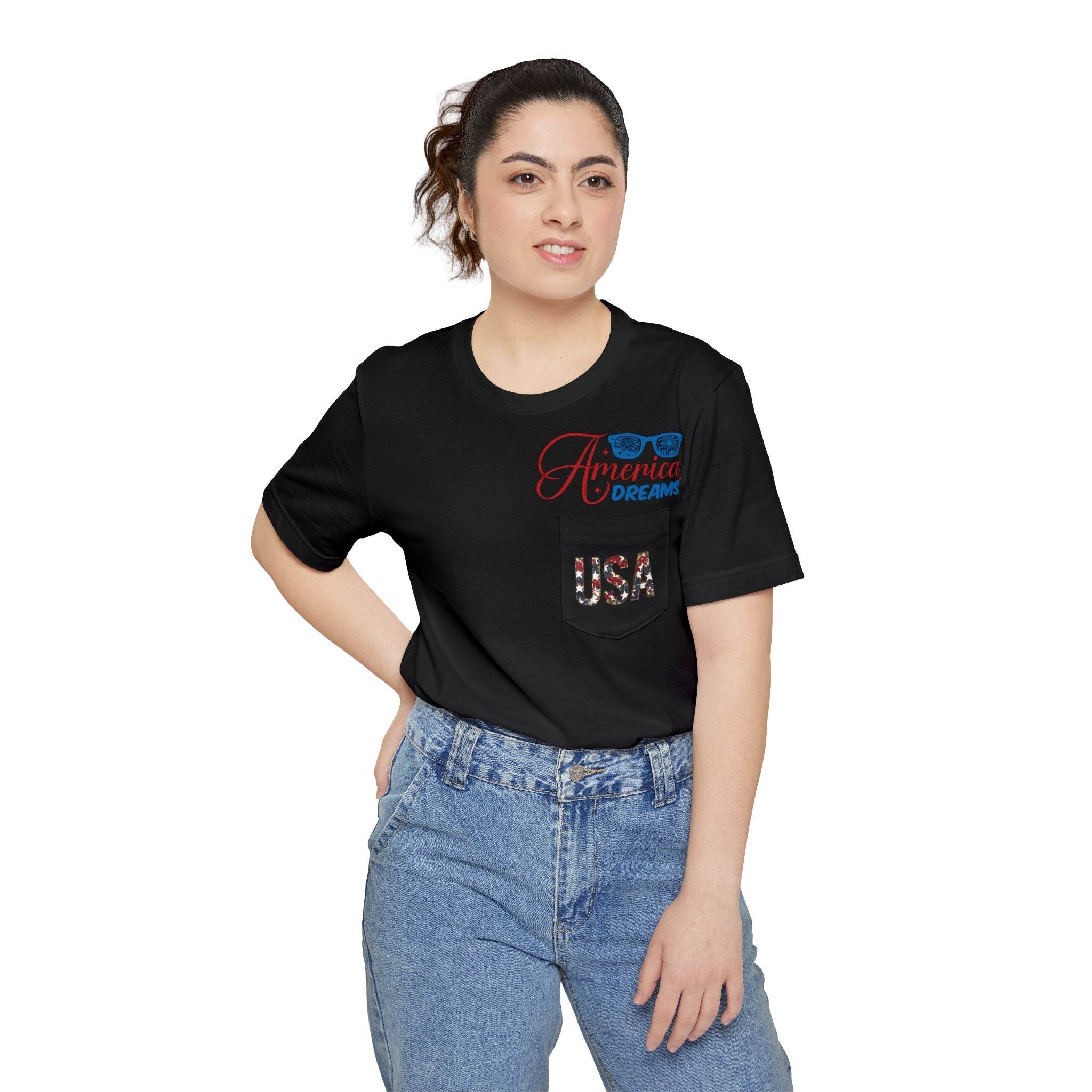 Printify black sustainable pocket t-shirt with America Dreams and USA design worn by woman