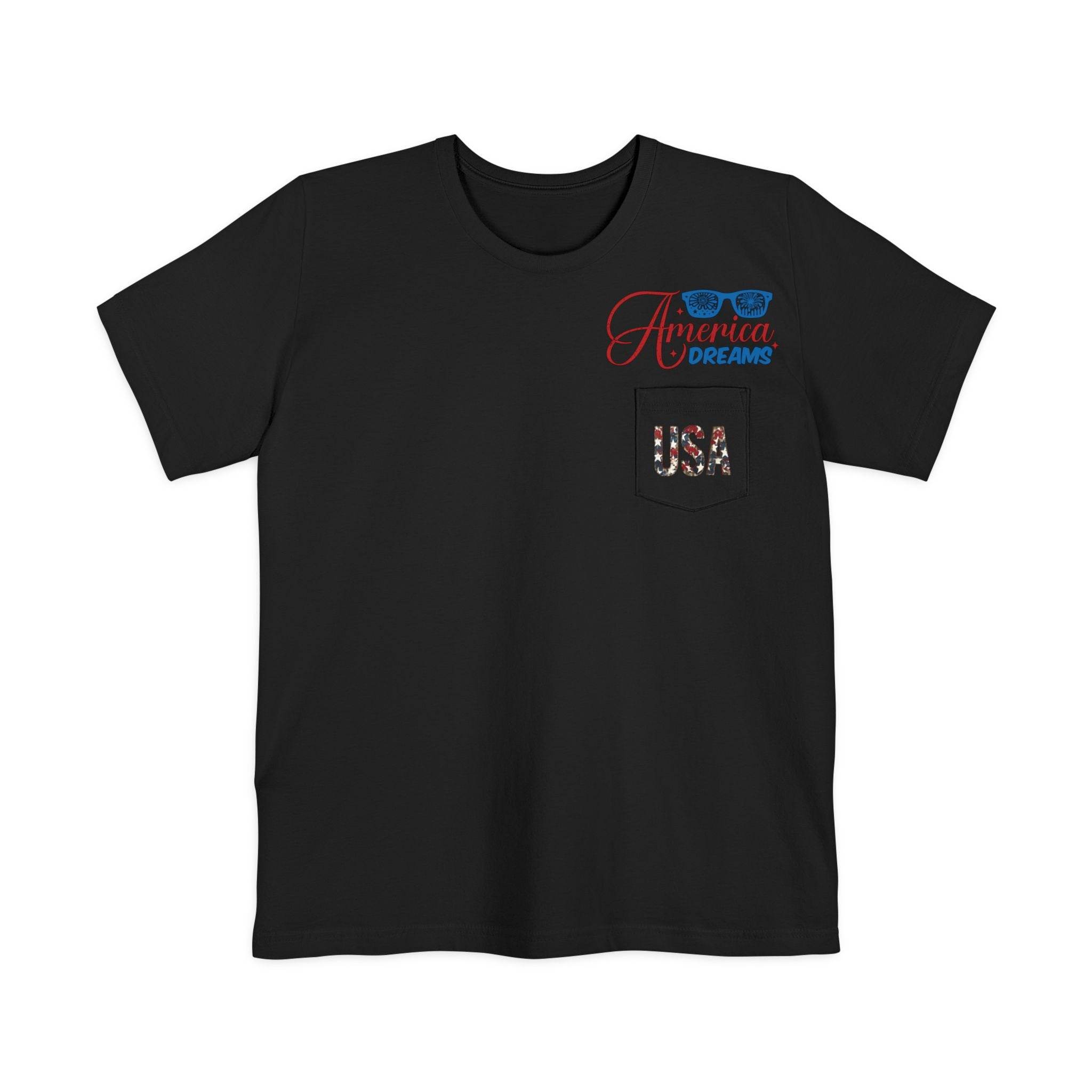 Printify black sustainable pocket t-shirt with America Dreams text and USA flag design on chest pocket