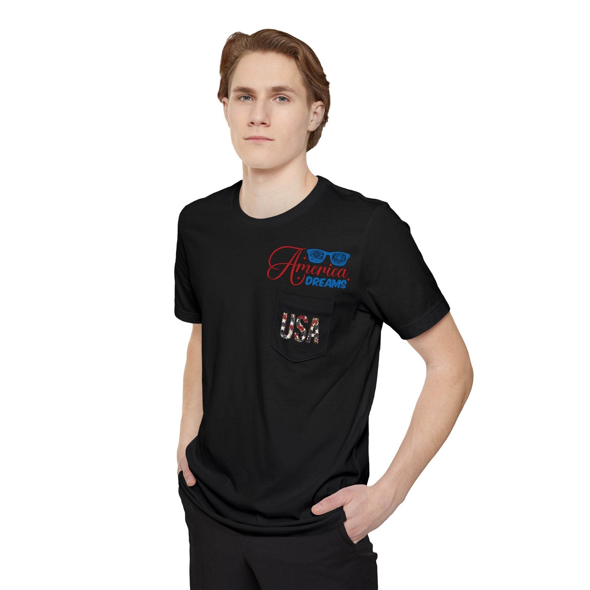 Printify sustainable pocket t-shirt in black with USA pocket design and America Dreams graphic