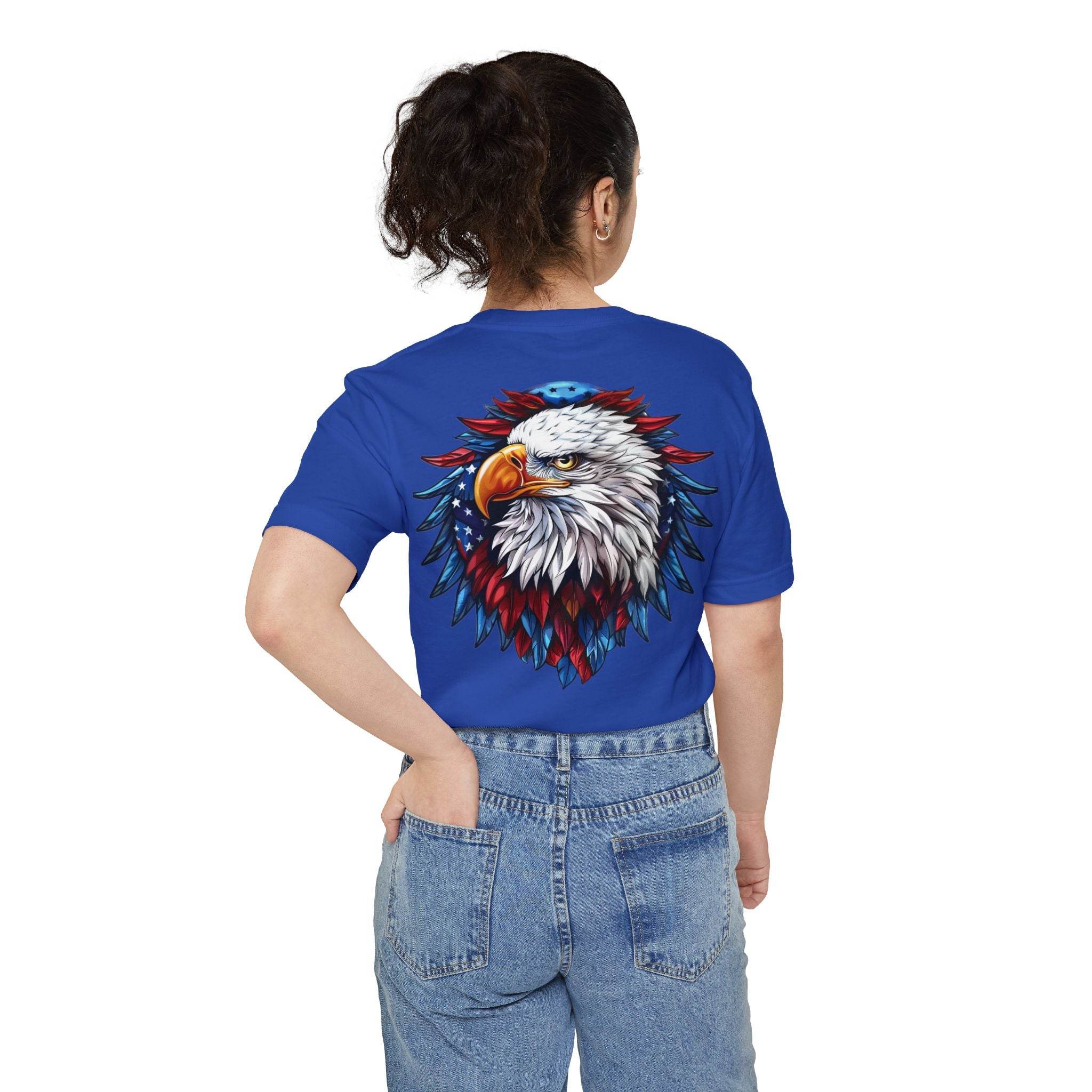 Printify sustainable pocket t-shirt in blue featuring a detailed eagle graphic on the back worn by a person