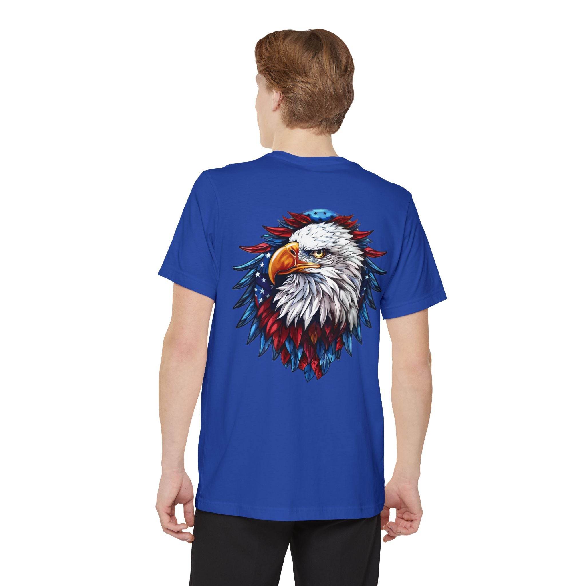 Printify sustainable pocket t-shirt in blue featuring a colorful eagle graphic on the back