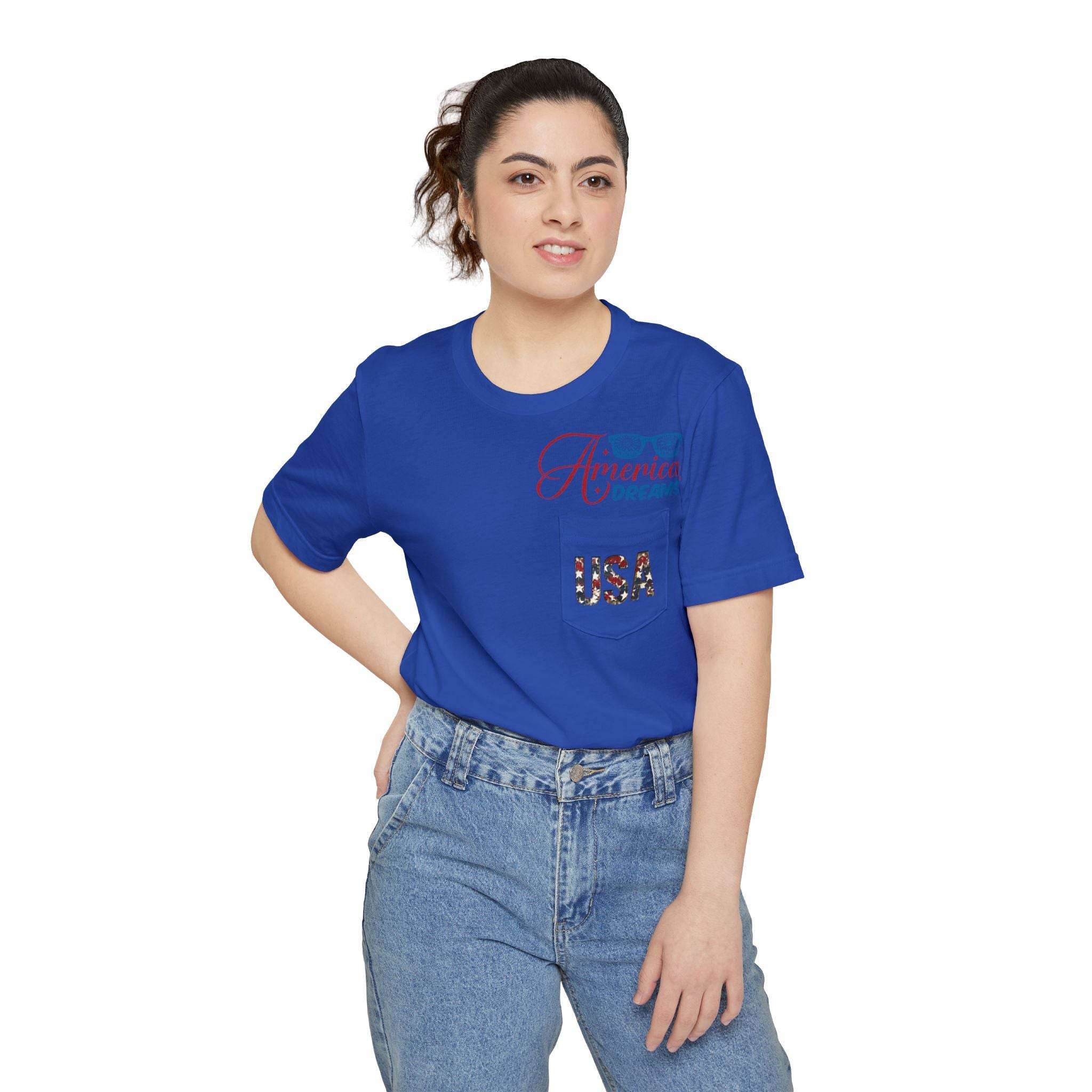 Printify sustainable pocket t-shirt in blue with USA and America graphic worn by woman