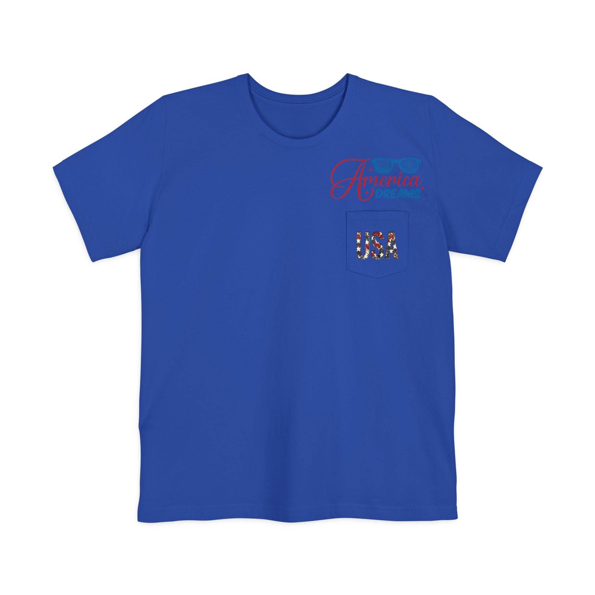Blue sustainable pocket t-shirt by Printify with USA and America design on front pocket