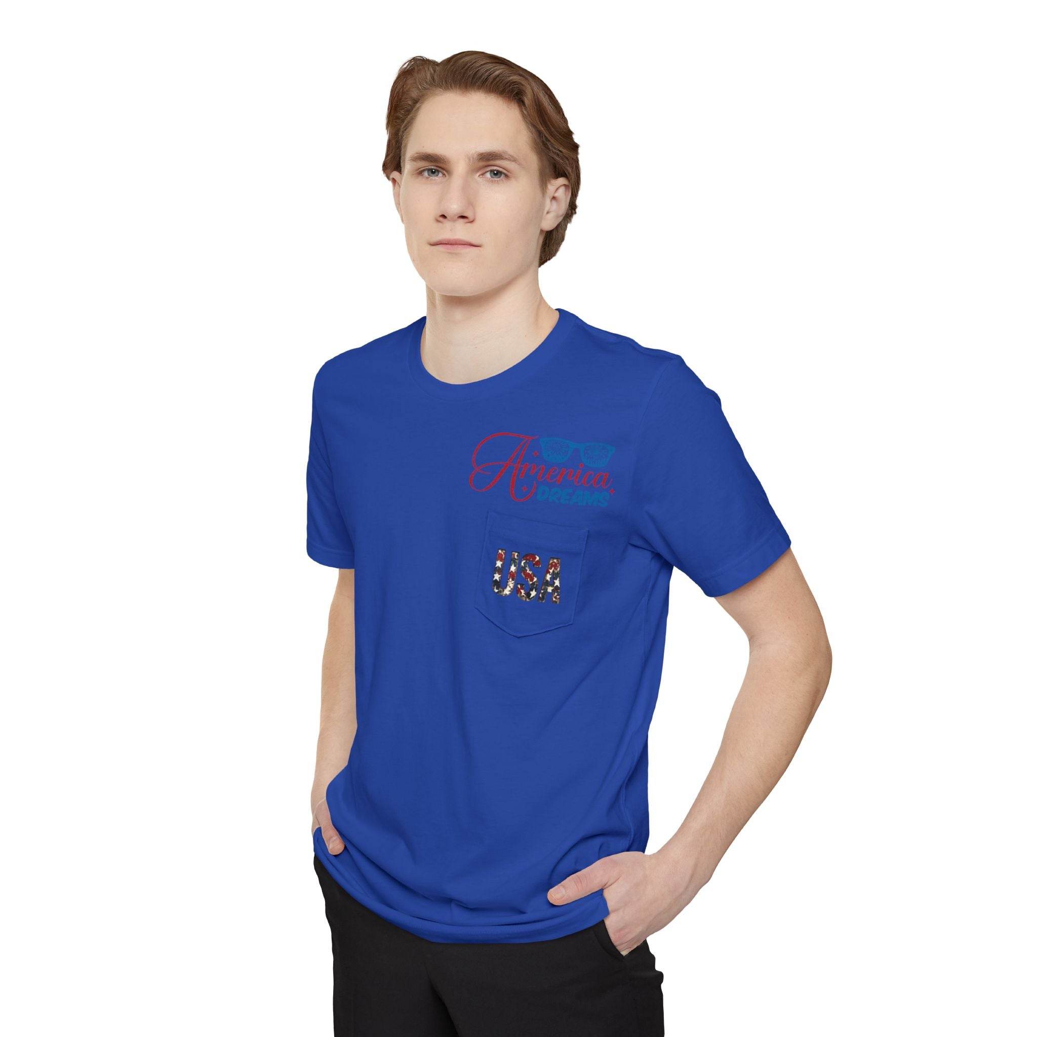 Blue sustainable pocket t-shirt by Printify with USA graphic and comfortable fit