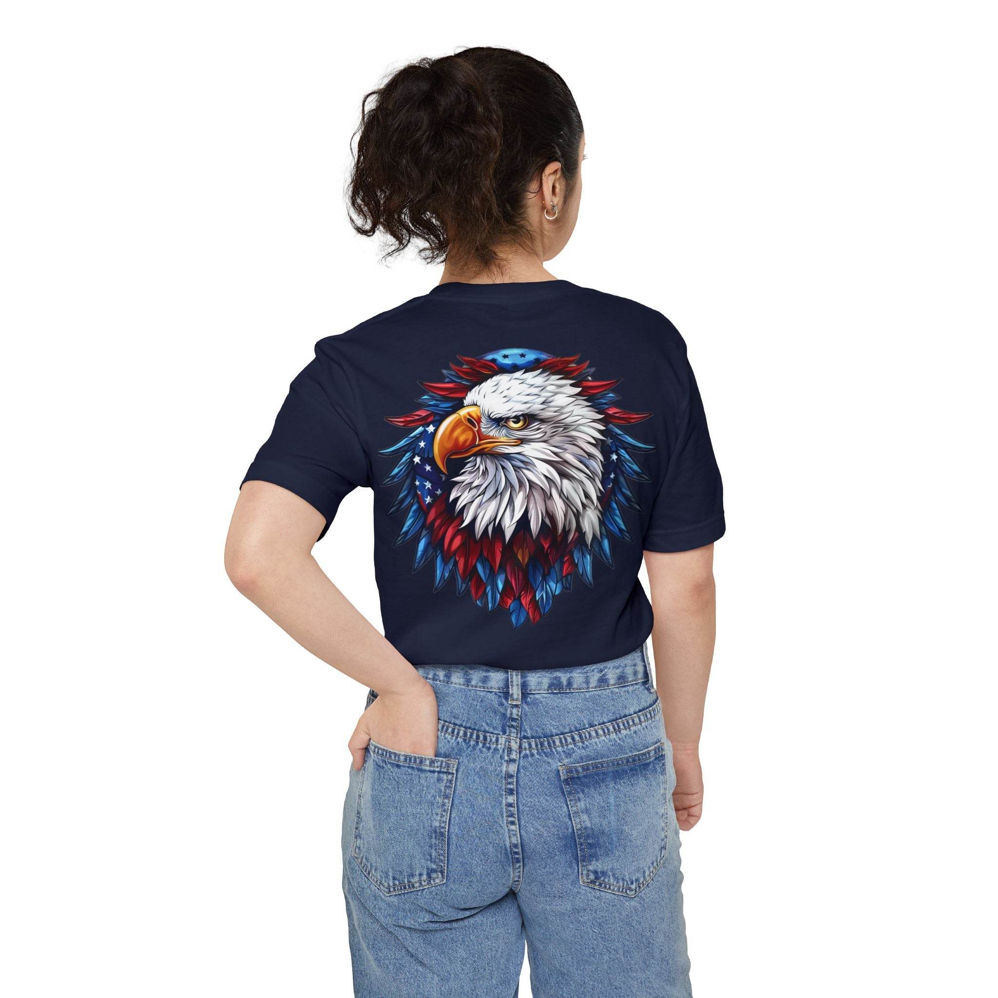 Printify sustainable pocket t-shirt in navy blue with patriotic eagle graphic on back worn by woman