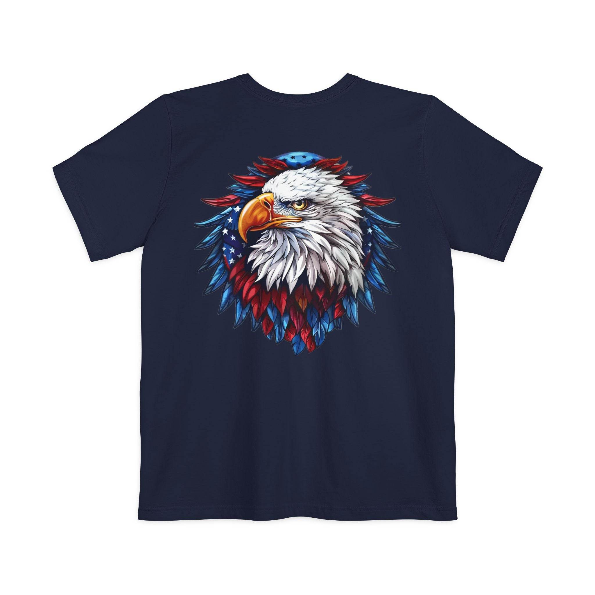 Printify sustainable pocket t-shirt in navy blue with colorful eagle graphic on the back