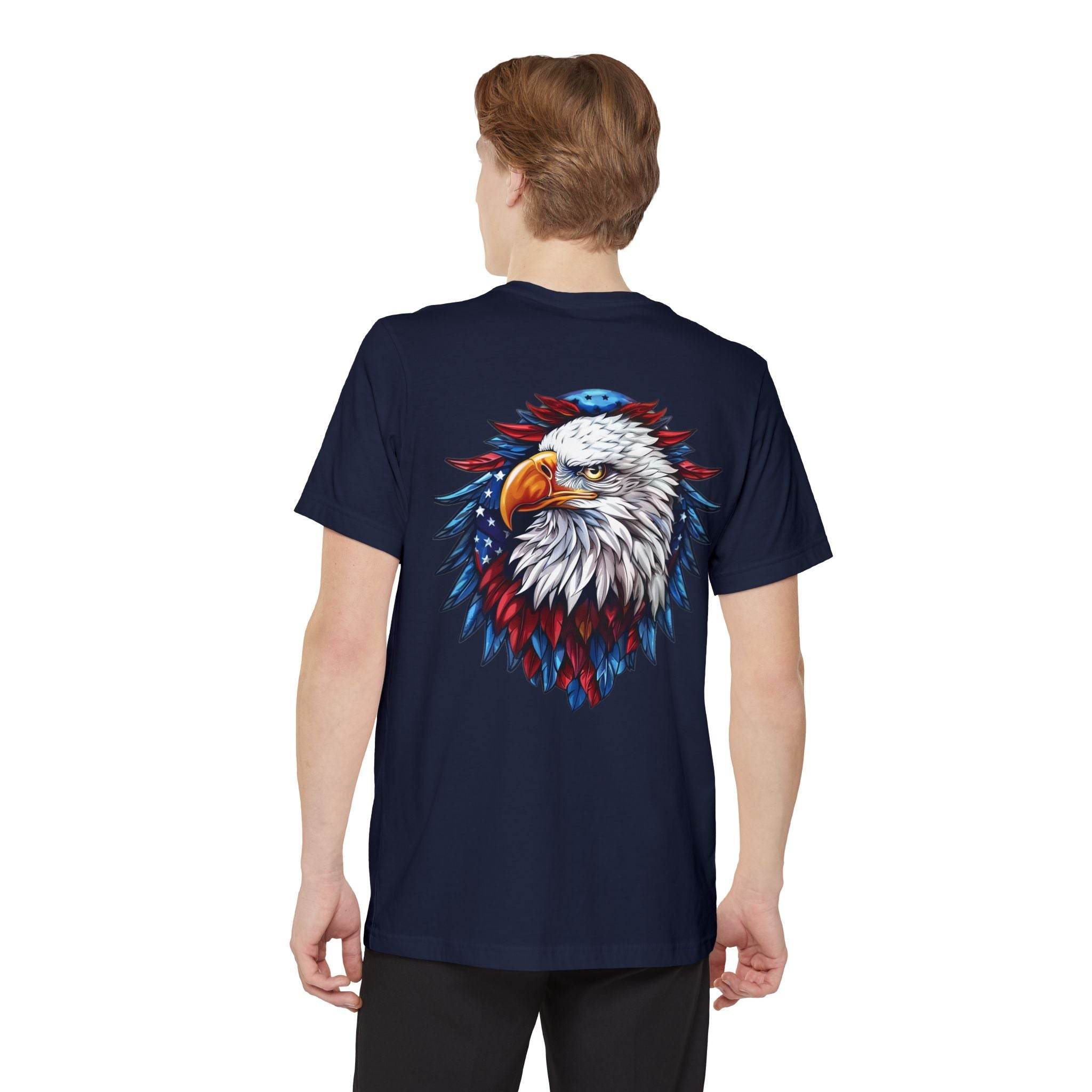 Back view of navy sustainable pocket t-shirt by Printify featuring a detailed American eagle graphic