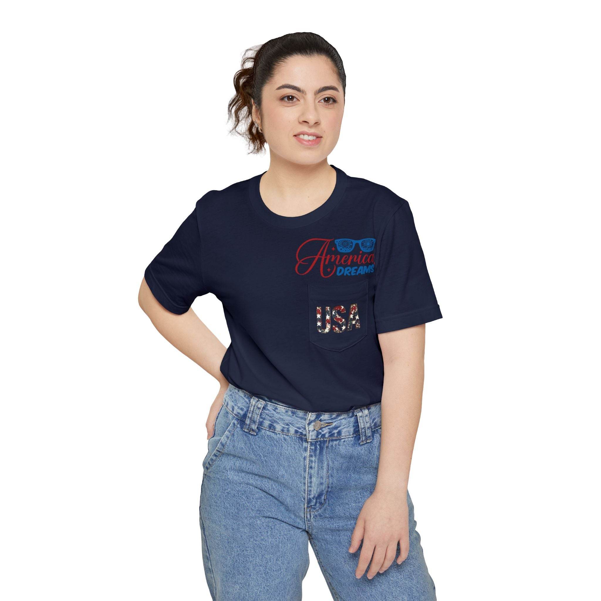 Woman wearing a navy sustainable pocket t-shirt with America Dream and USA print paired with blue jeans