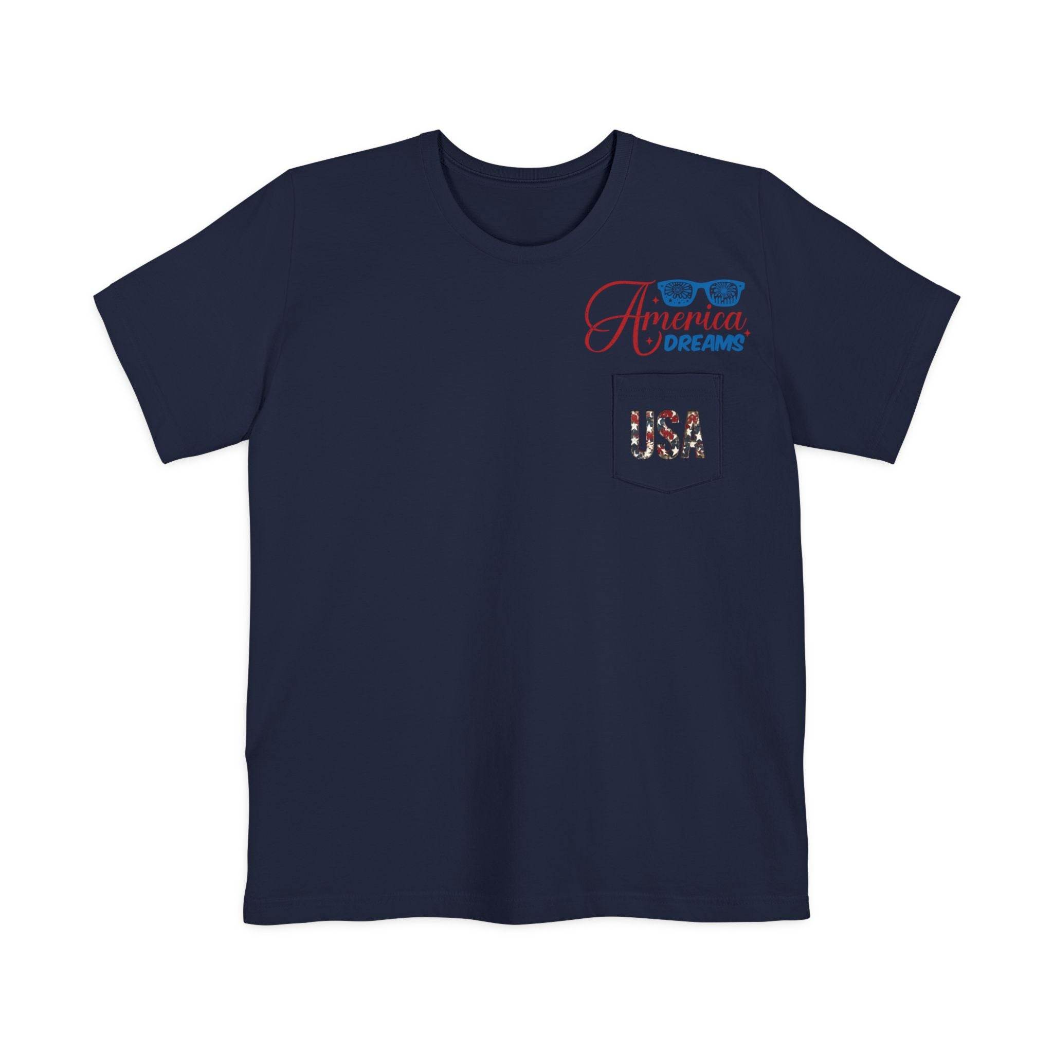 Printify navy sustainable pocket t-shirt with America Dreams graphic and USA flag pocket design