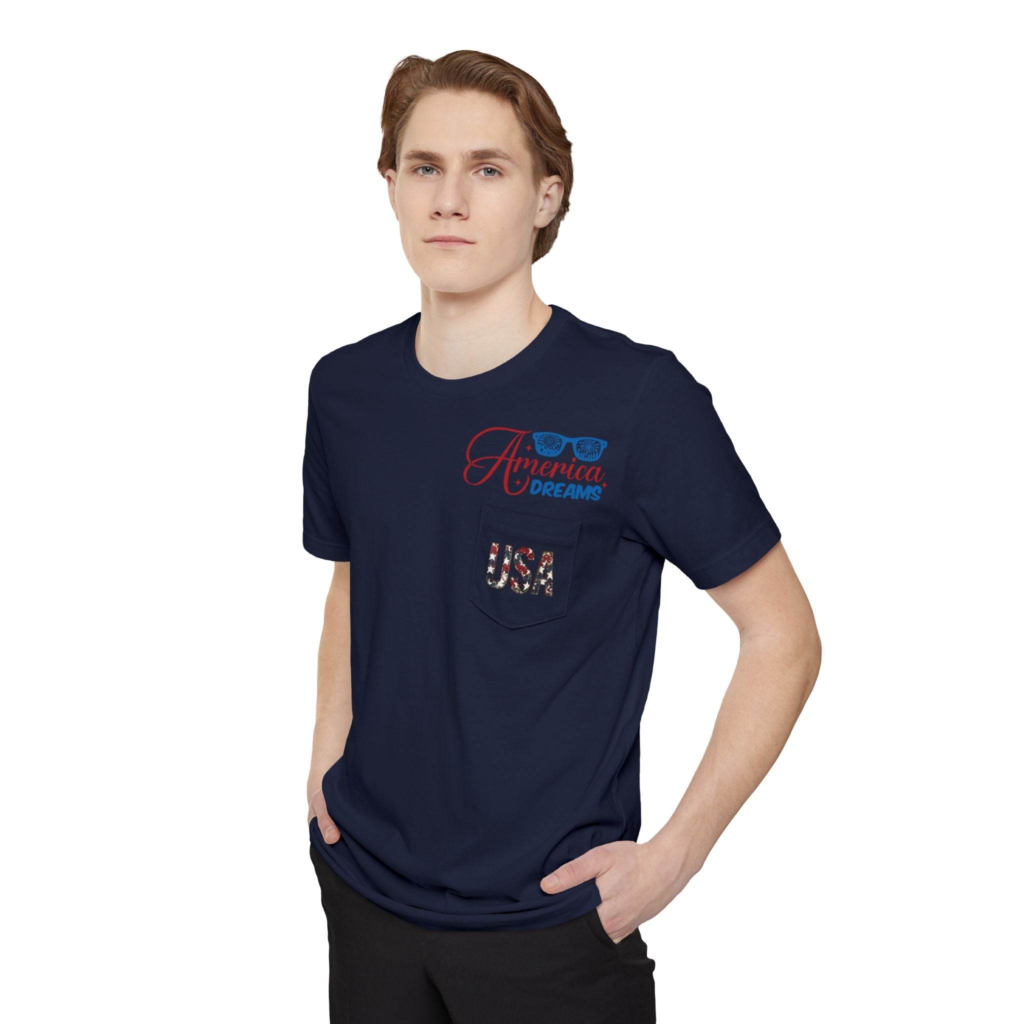 Printify sustainable pocket t-shirt in navy blue with USA and America Dreams design worn by male model