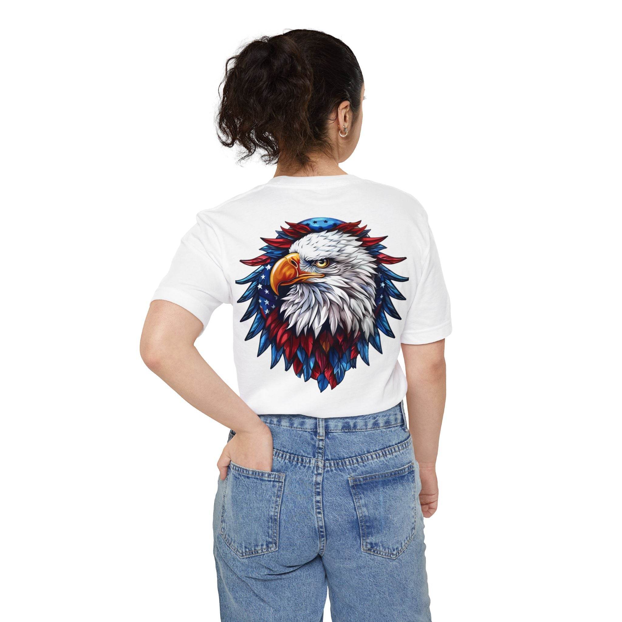 Printify sustainable pocket t-shirt in white with colorful eagle graphic on back