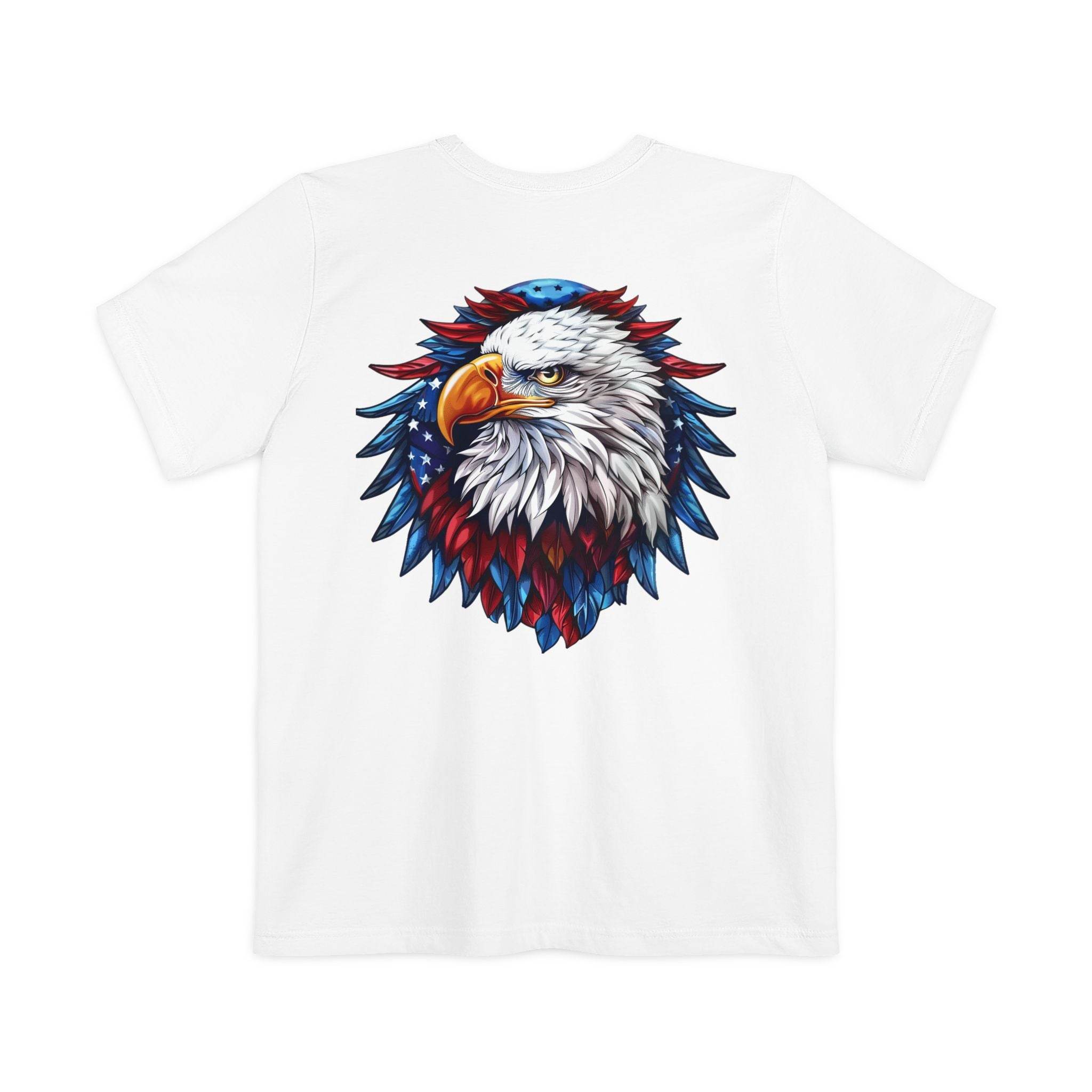 White Printify sustainable pocket t-shirt featuring a colorful American eagle graphic on the back