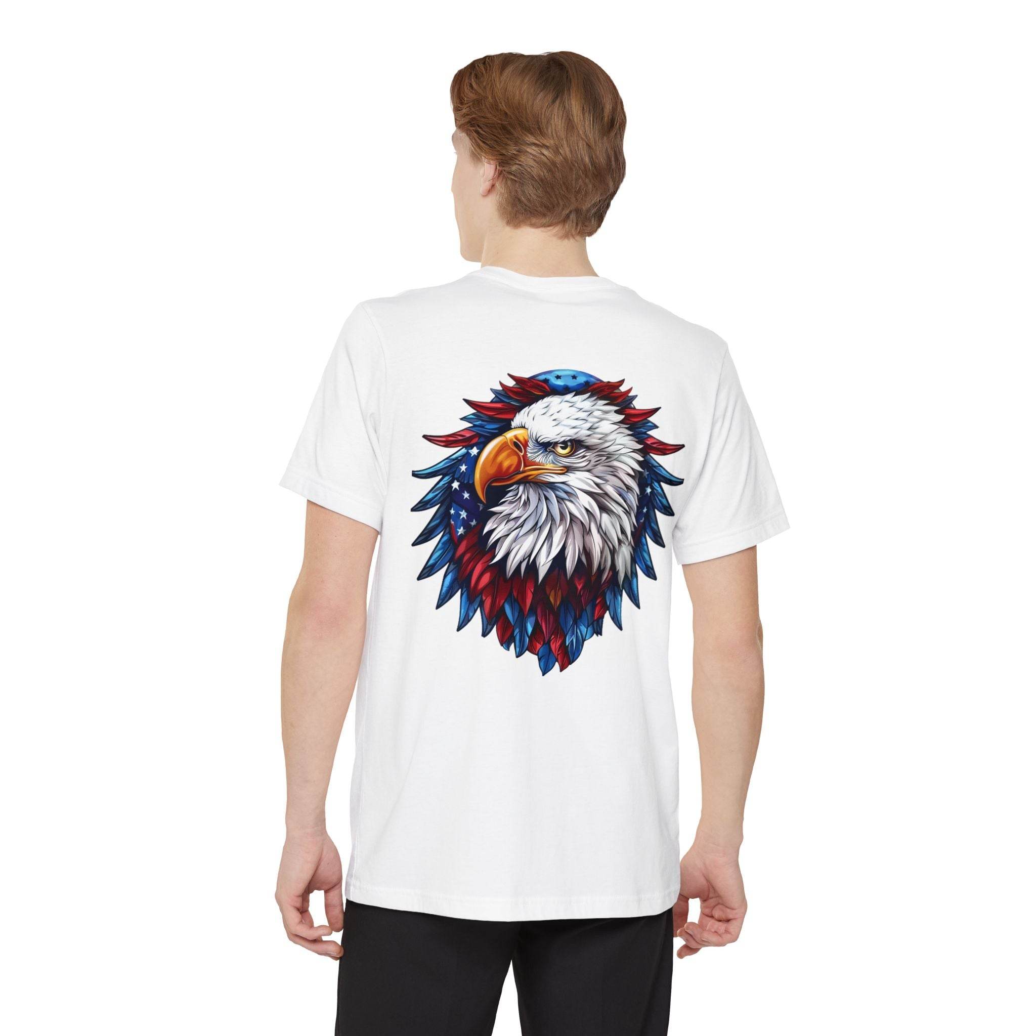 Printify white sustainable pocket t-shirt with colorful eagle graphic on back worn by male model