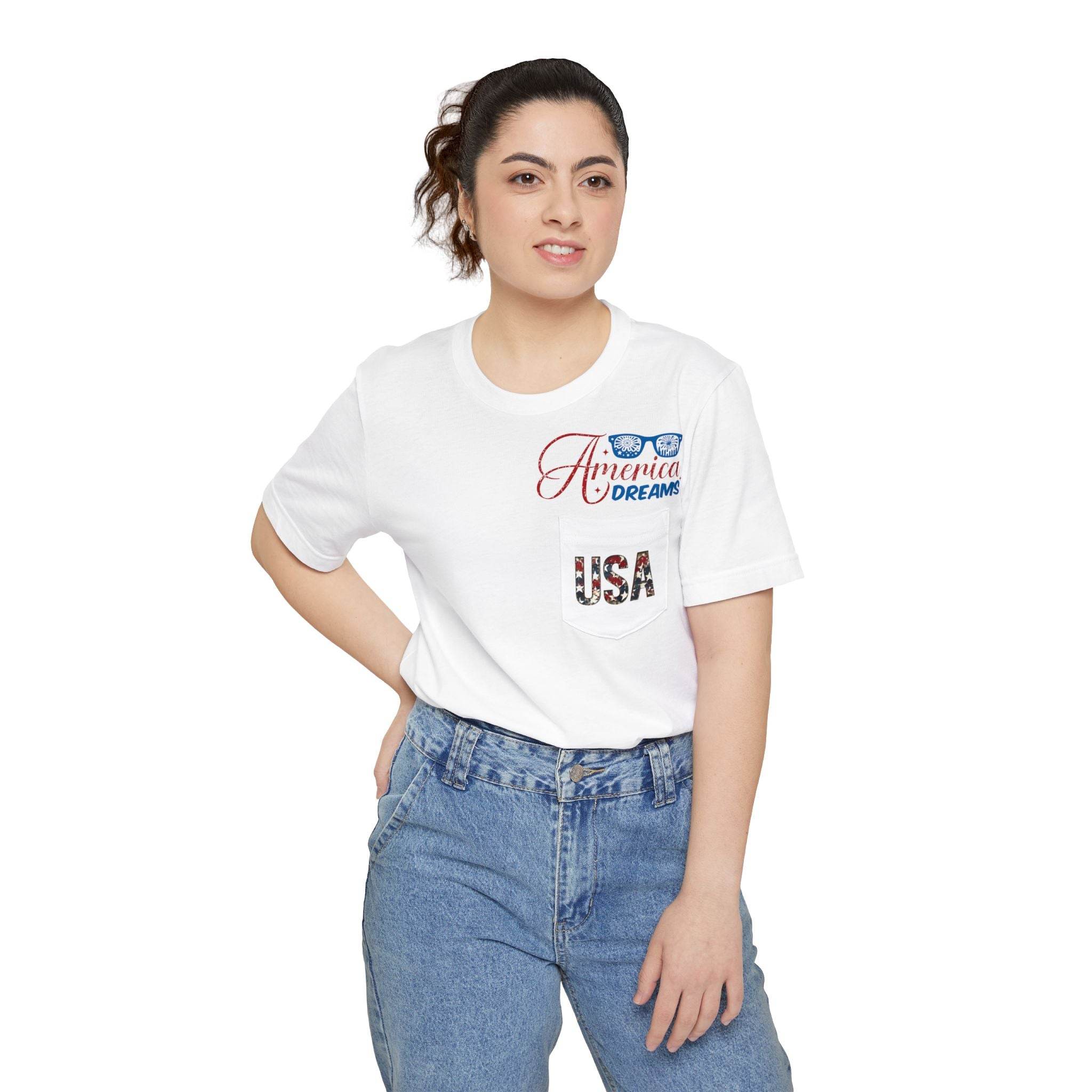 Woman wearing a white sustainable pocket t-shirt with USA and America Dreams print by Printify