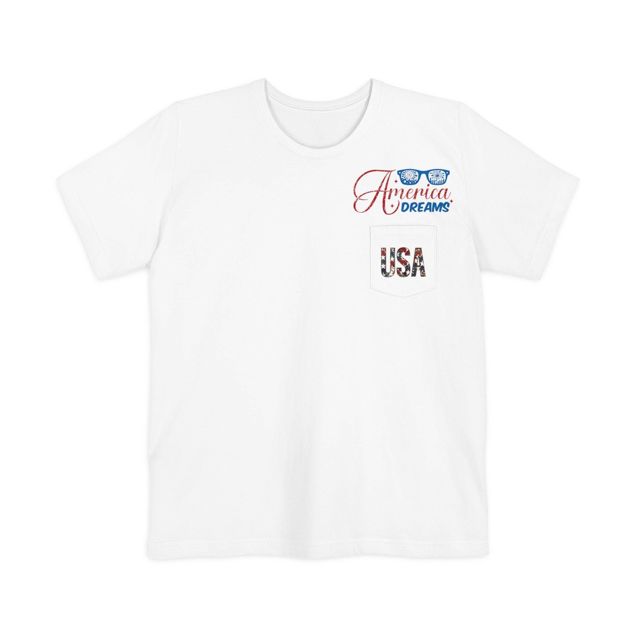 Printify white sustainable pocket t-shirt with America Dreams and USA graphic design
