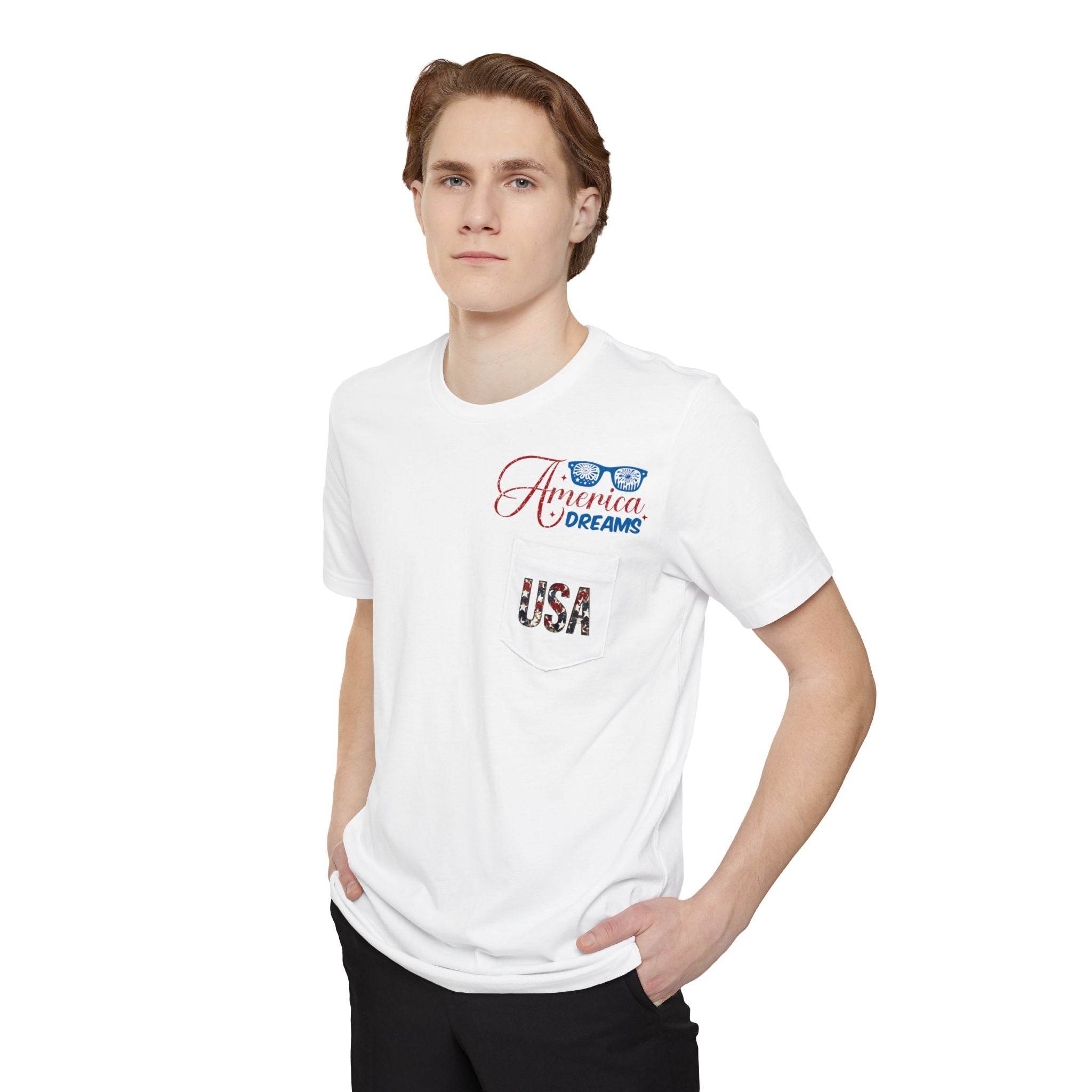 Printify white sustainable pocket t-shirt with USA and America Dreams graphic worn by male model