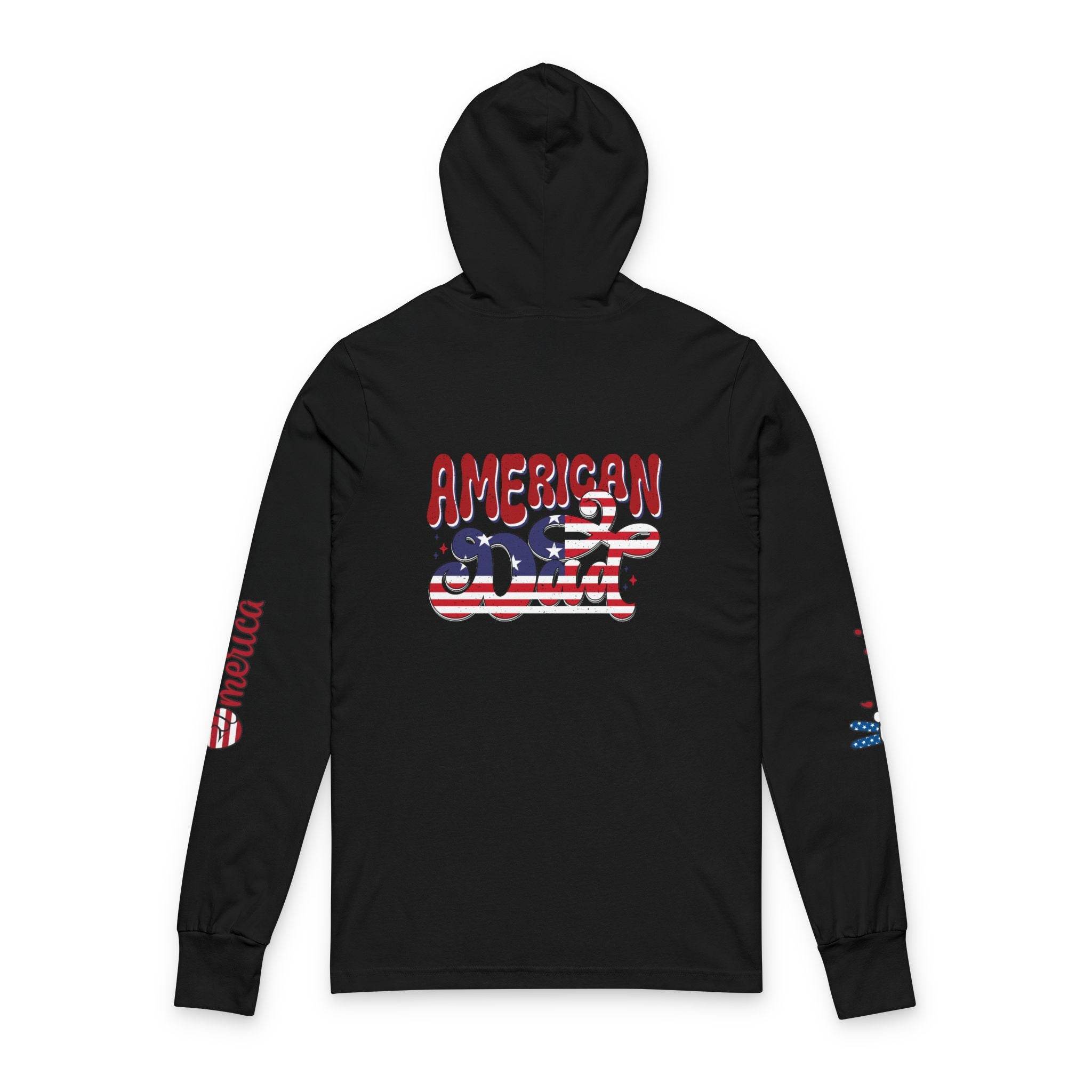 Black Printify American Dad eco-friendly hoodie with patriotic red white and blue design on back and sleeves