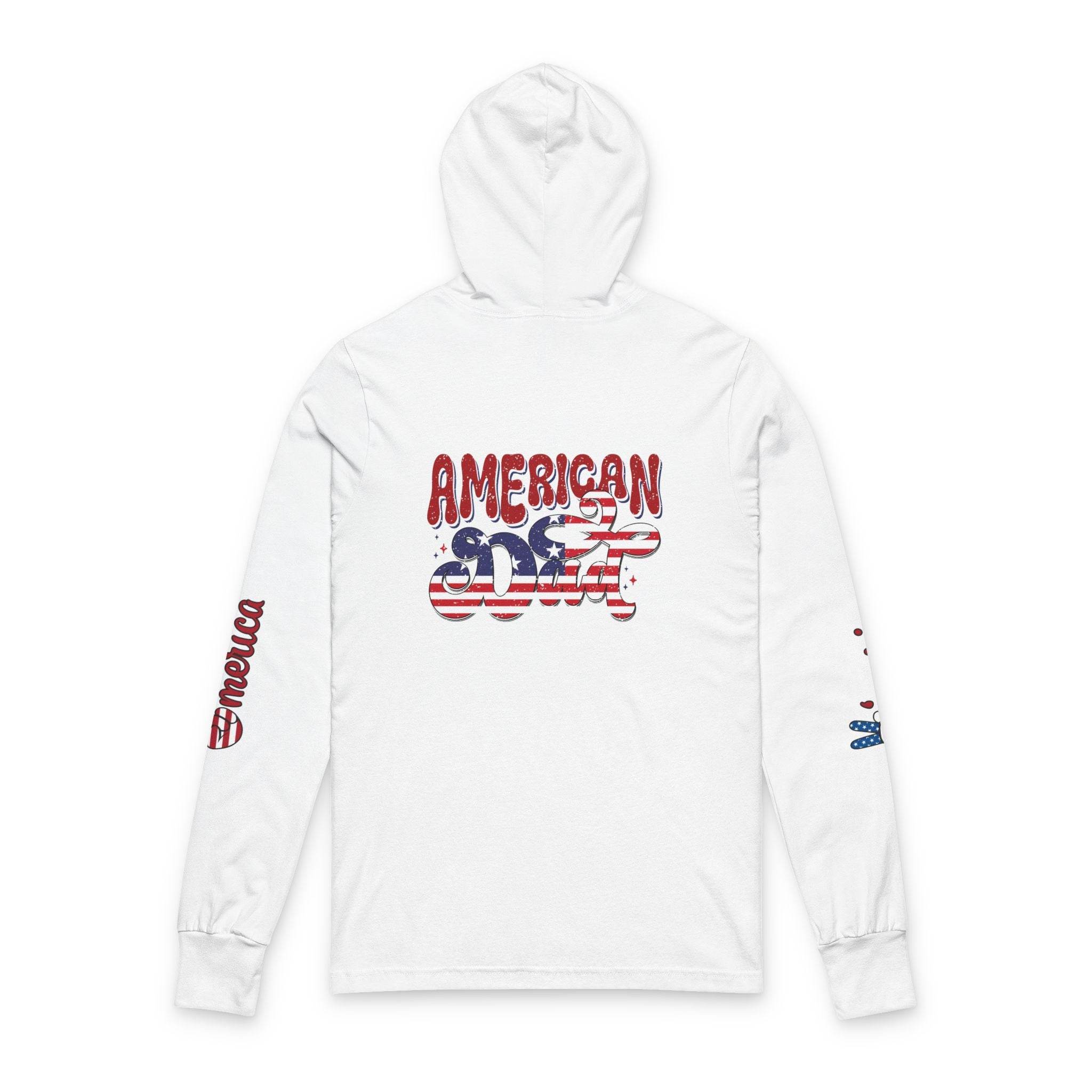 White American Dad eco-friendly hoodie with red and blue patriotic graphic on back and sleeve print