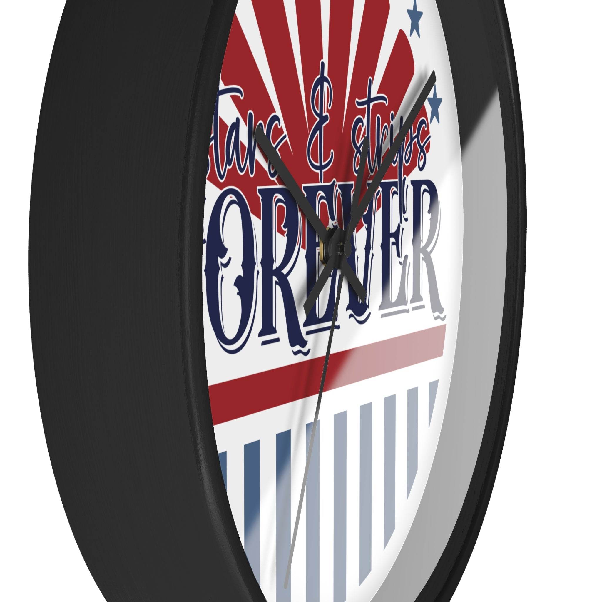 Printify American themed wall clock with patriotic red white and blue design in black frame
