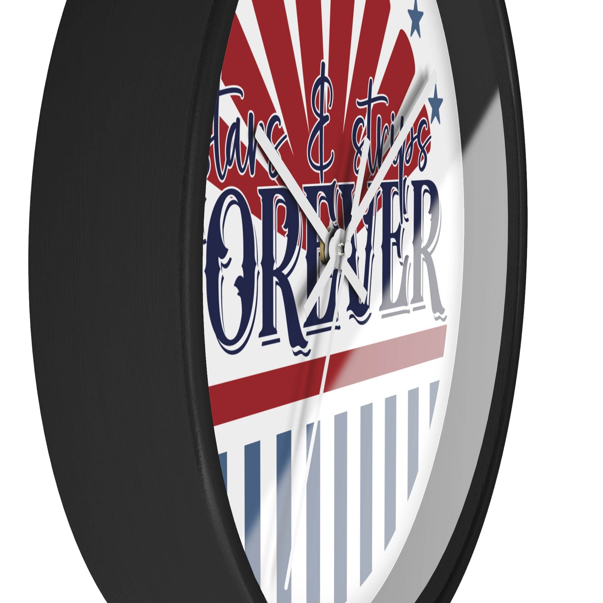 Printify American themed wall clock with patriotic red white and blue design and black frame