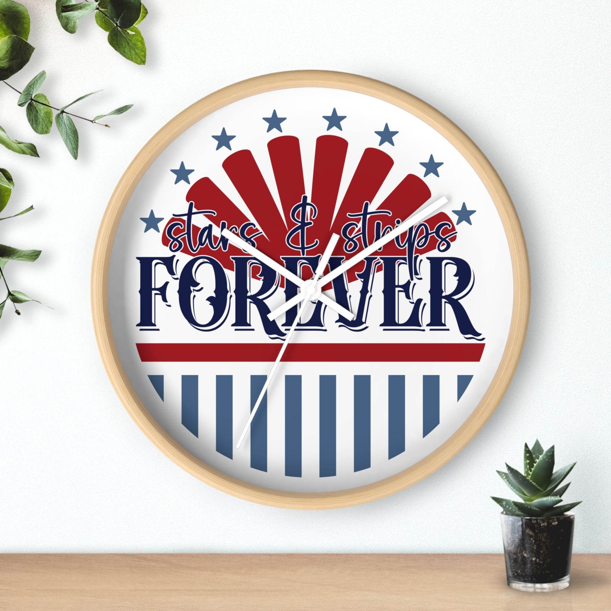 American themed wall clock with stars and stripes design in red blue and white by Printify
