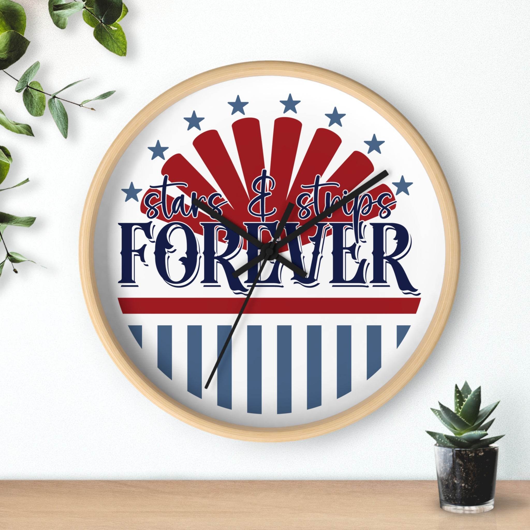 American themed wall clock with stars and stripes design in red white and blue by Printify