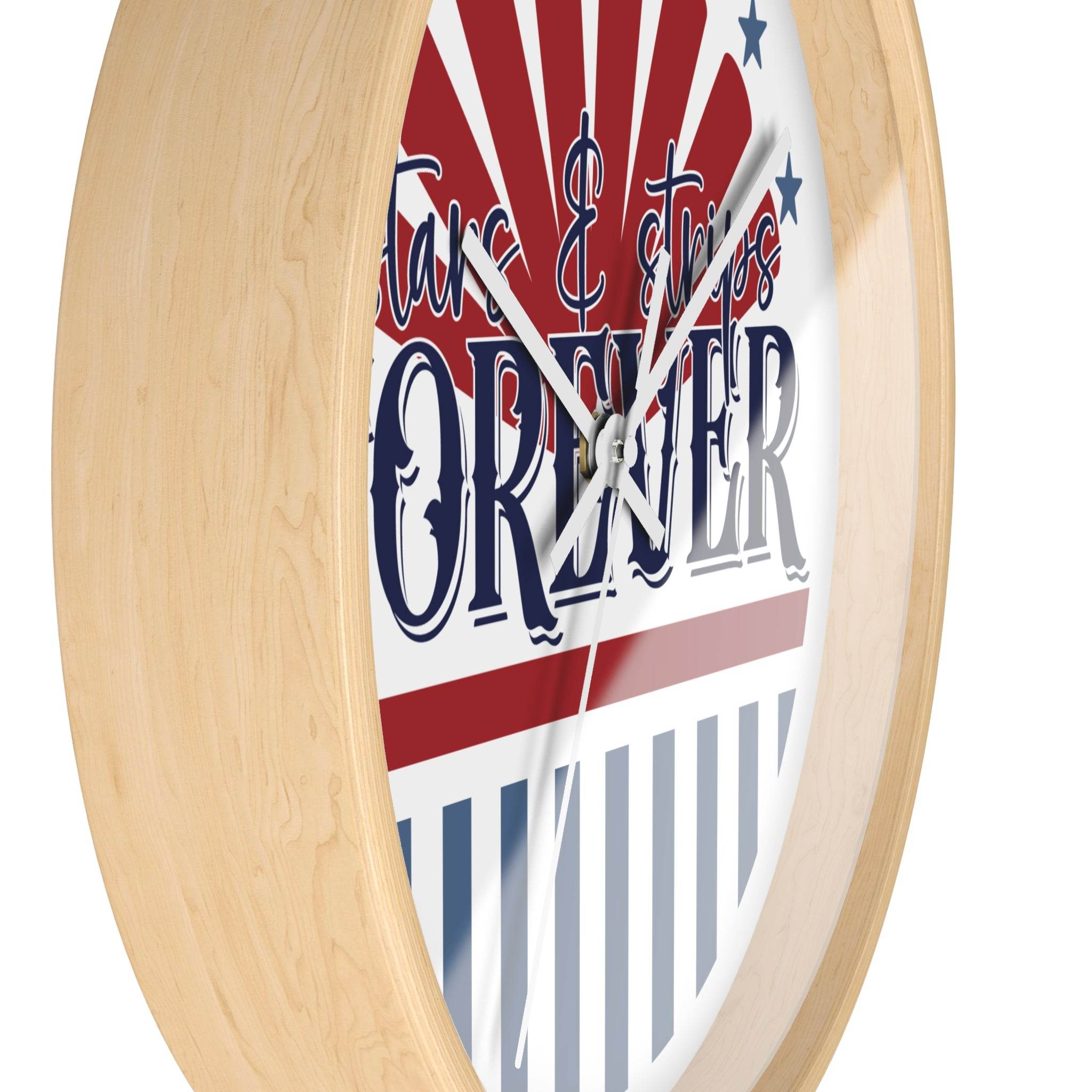 Printify American themed wall clock with natural wood frame and patriotic stars and stripes design