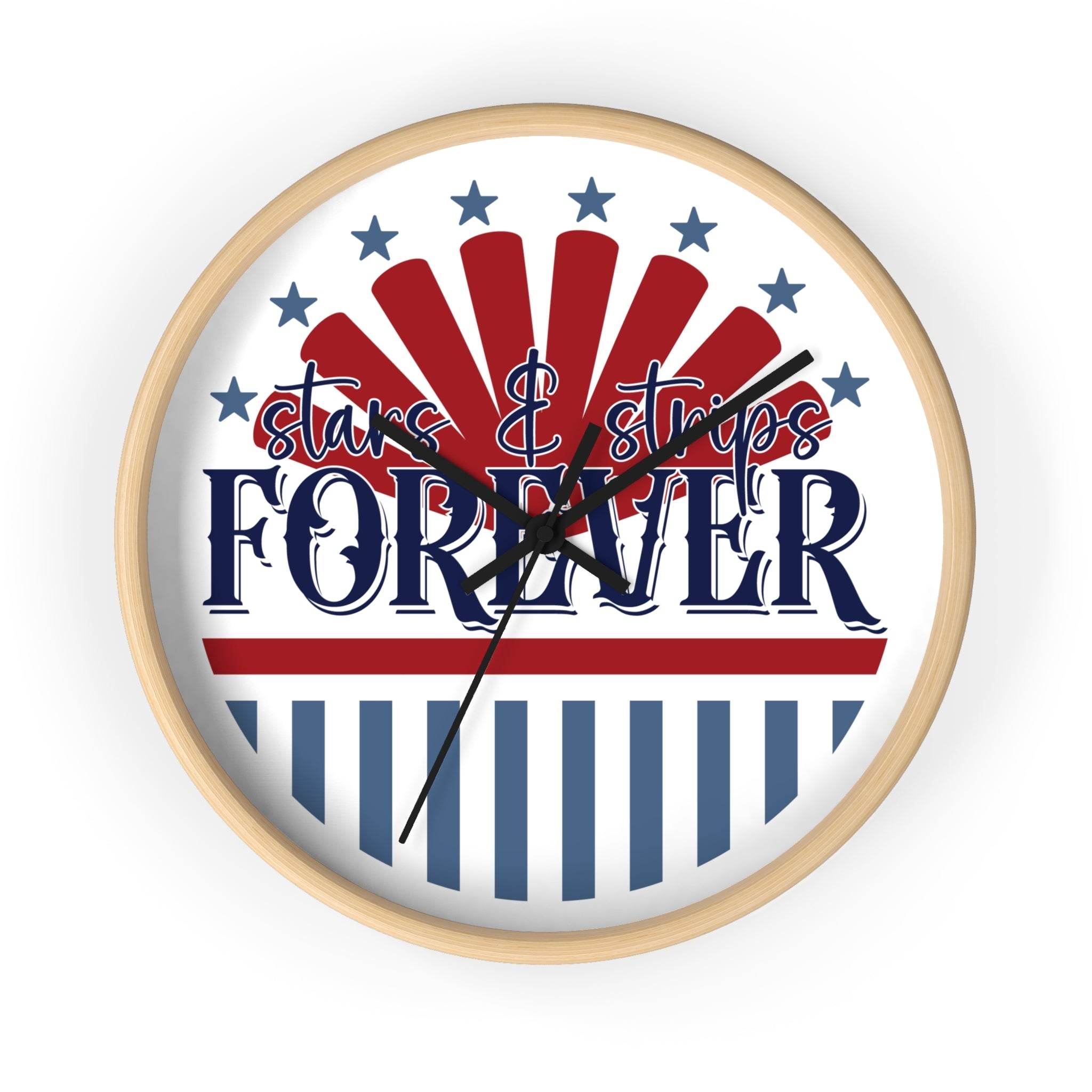 Printify American themed wall clock with stars stripes forever design and wooden frame