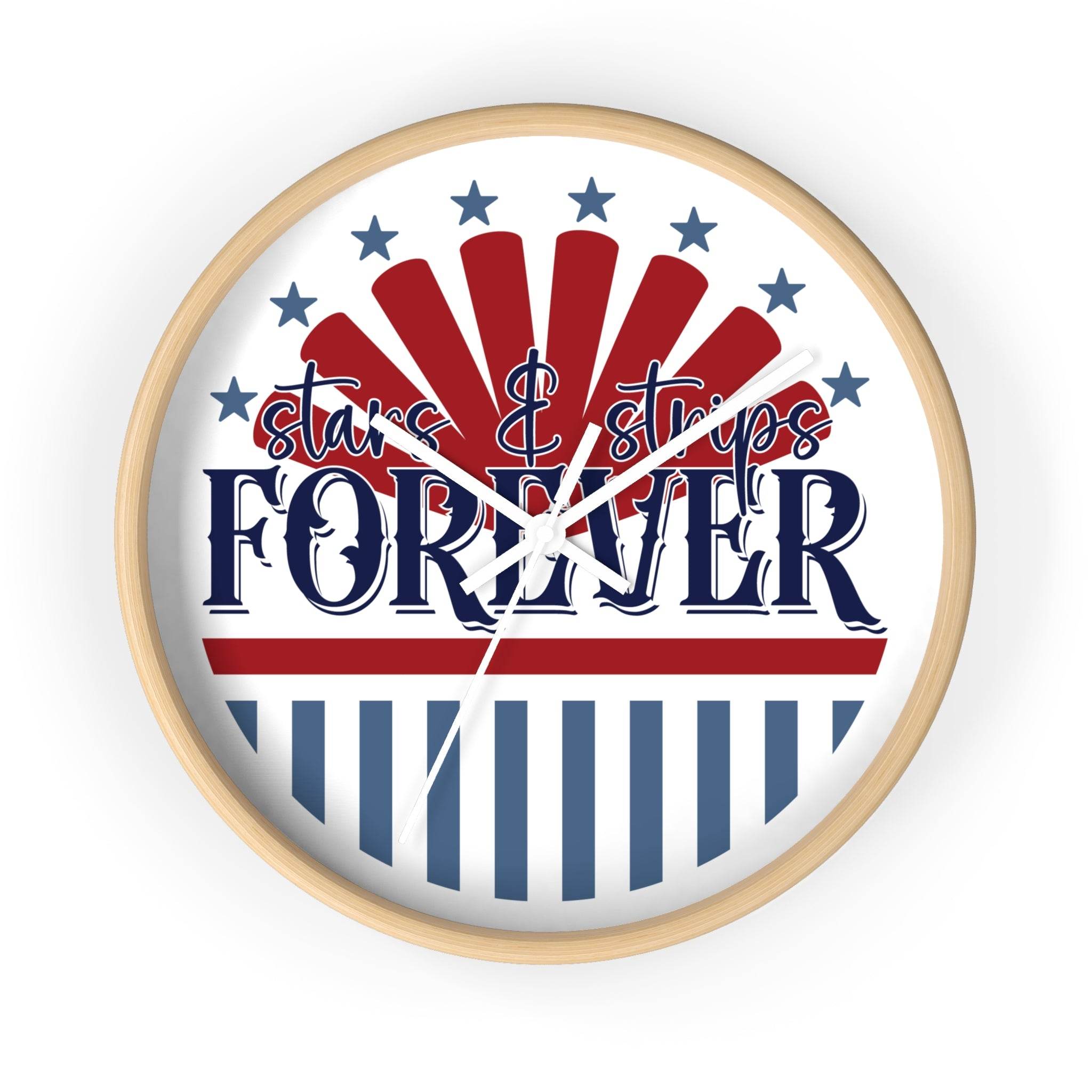 American themed wall clock with stars and stripes design and natural wood frame by Printify
