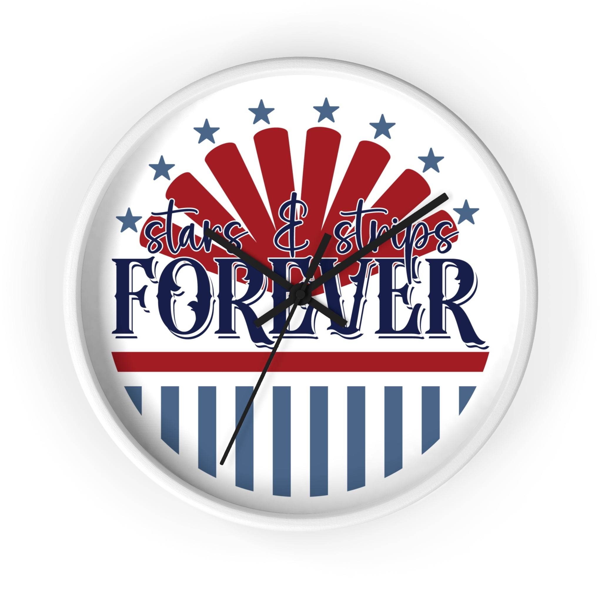 American themed wall clock with stars and stripes design and Forever text in red white and blue colors