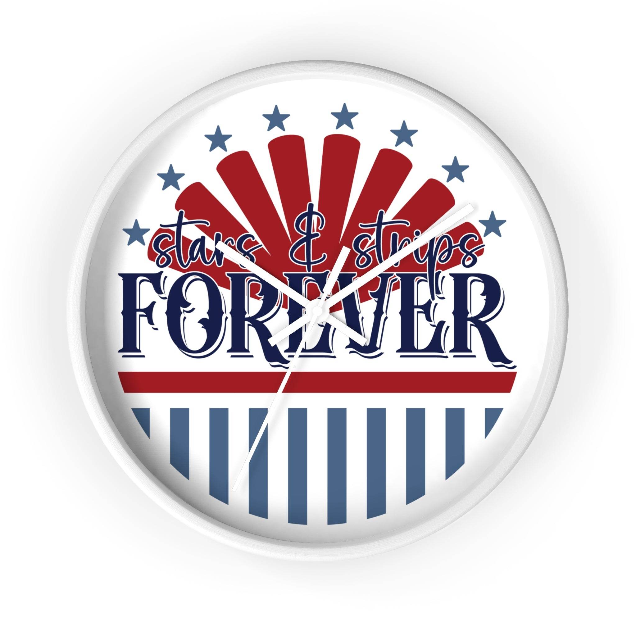 Printify American themed wall clock with red and blue stars and stripes design for home decor