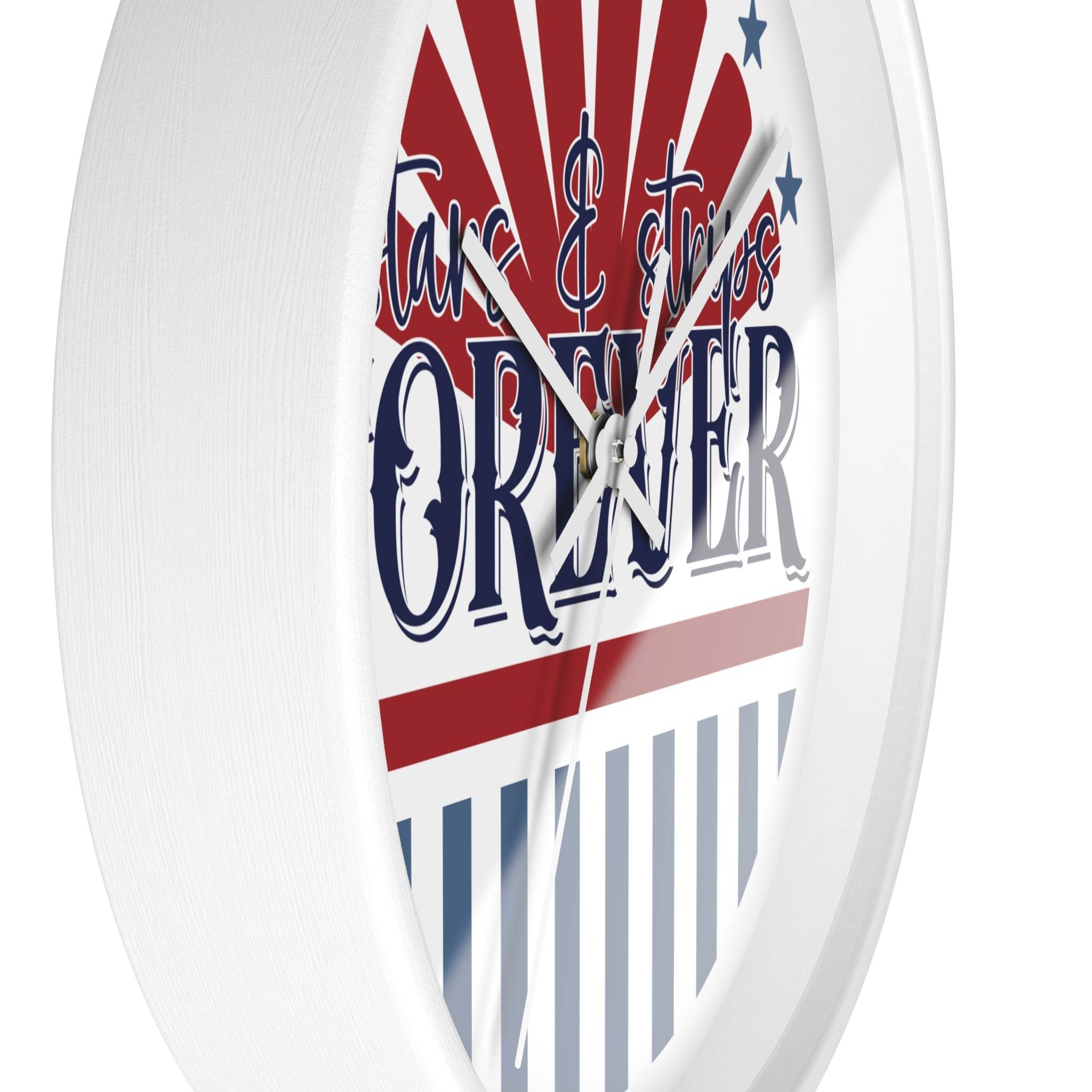 Printify American themed wall clock with red white and blue patriotic design and white frame