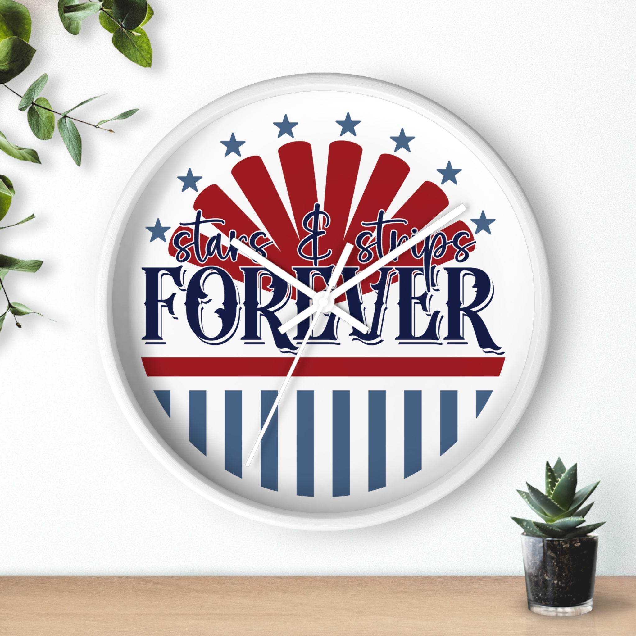 American themed wall clock with red white and blue stars stripes and forever design for home decor