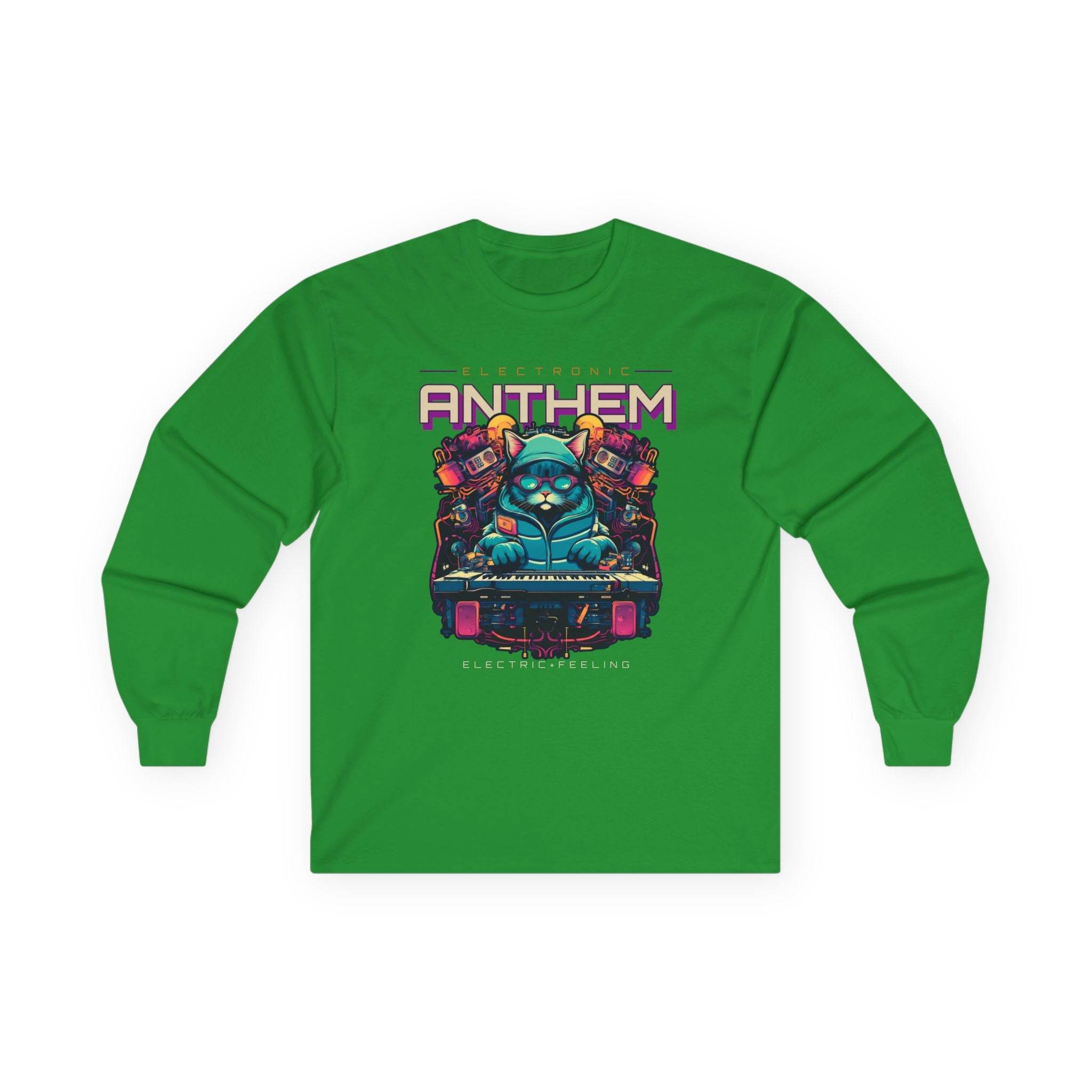 Printify green unisex eco-friendly long sleeve tee with colorful electronic anthem graphic design