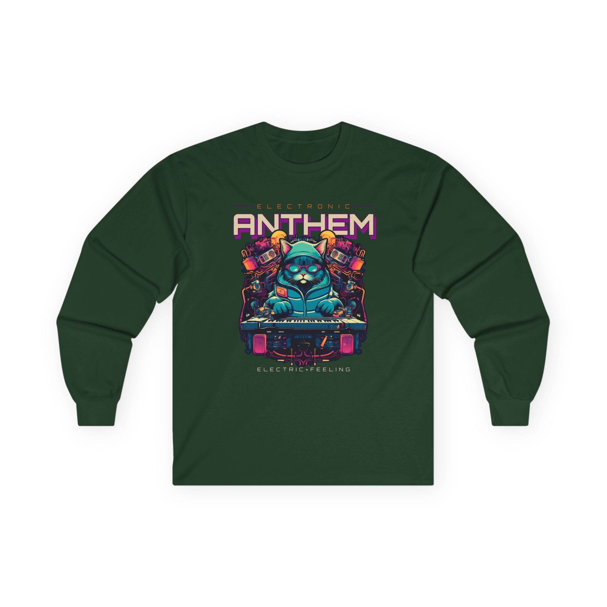 Unisex eco-friendly long sleeve tee in dark green with colorful electronic anthem graphic print