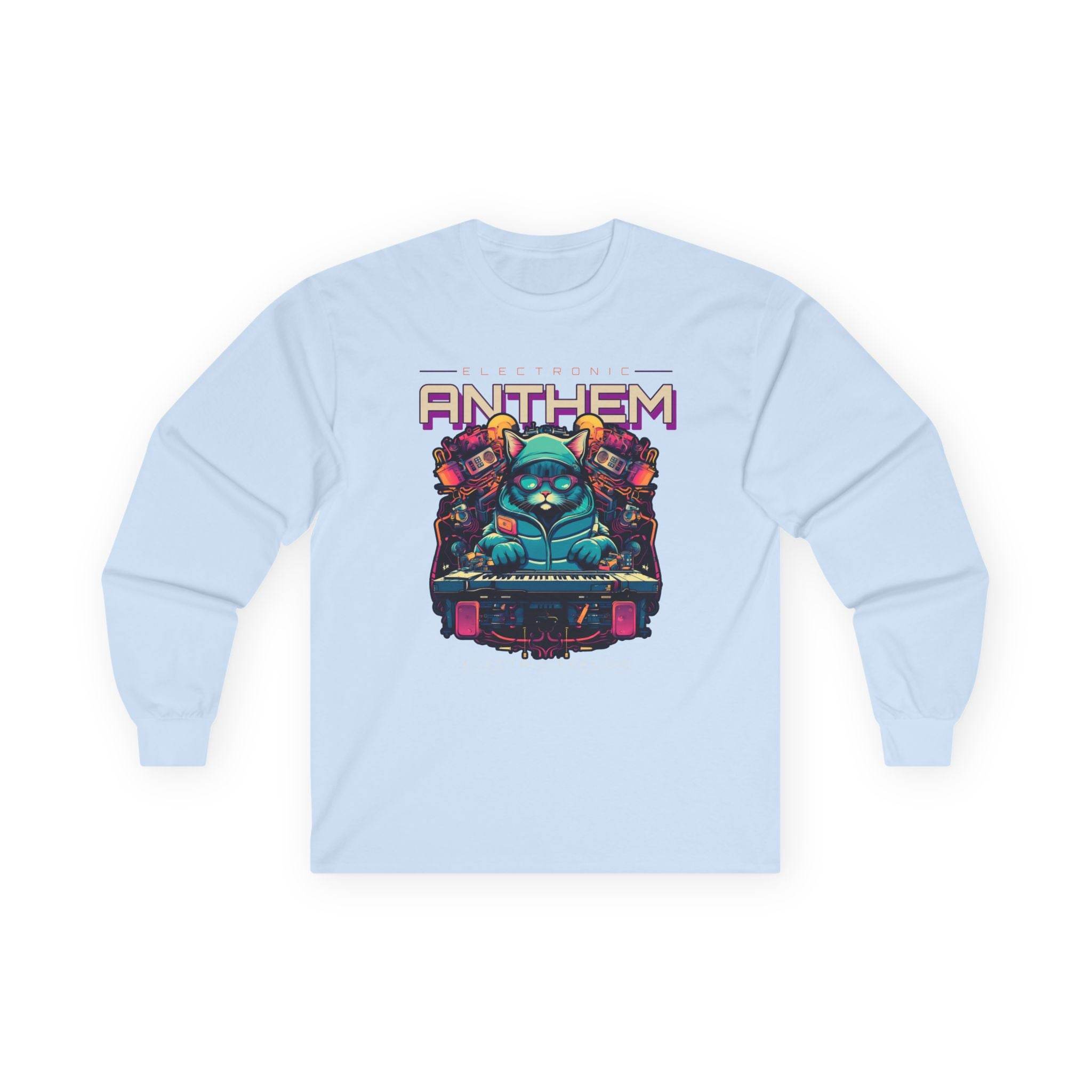 Light blue unisex eco-friendly long sleeve tee with colorful electronic anthem graphic design