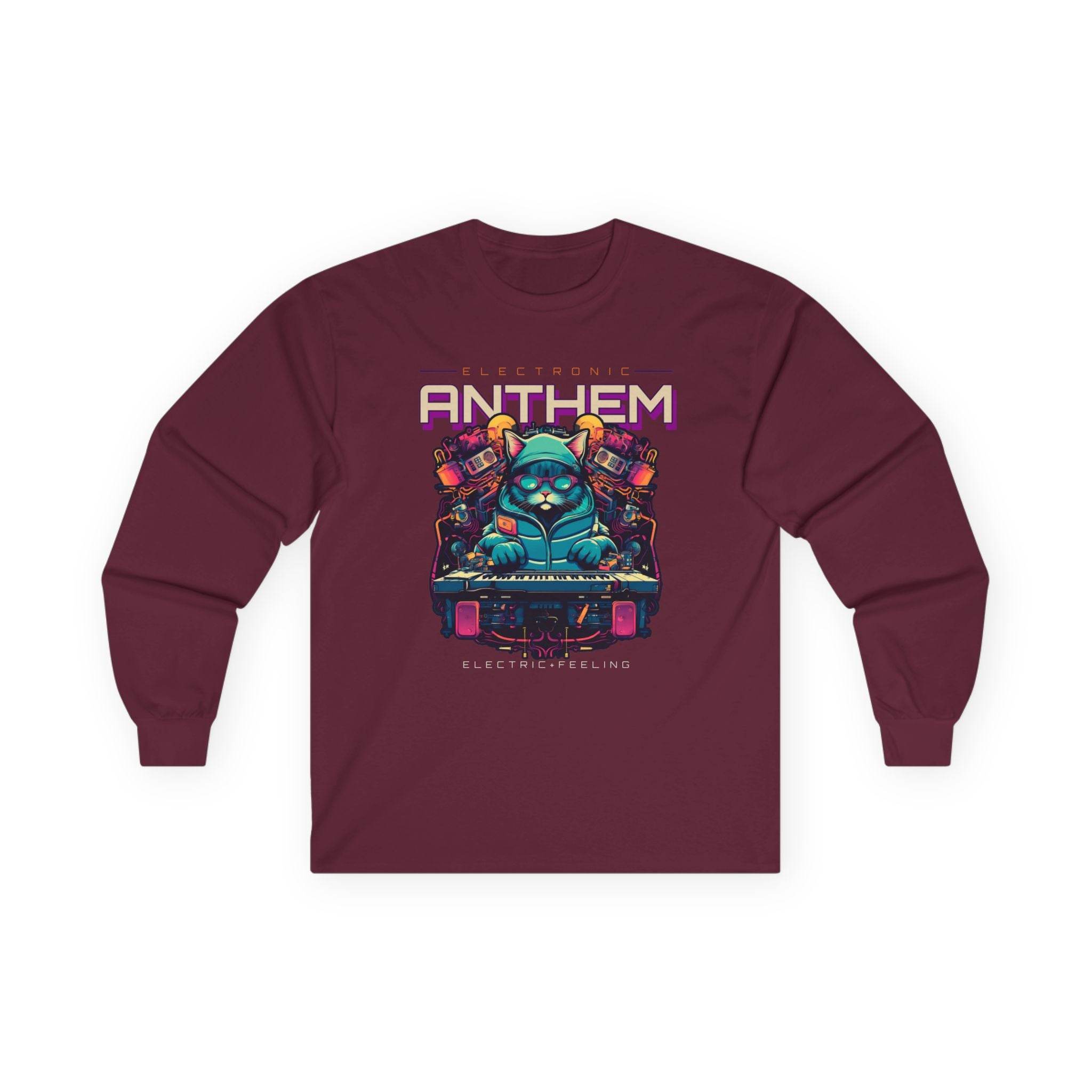 Printify unisex eco-friendly long sleeve tee in maroon with colorful electronic anthem graphic